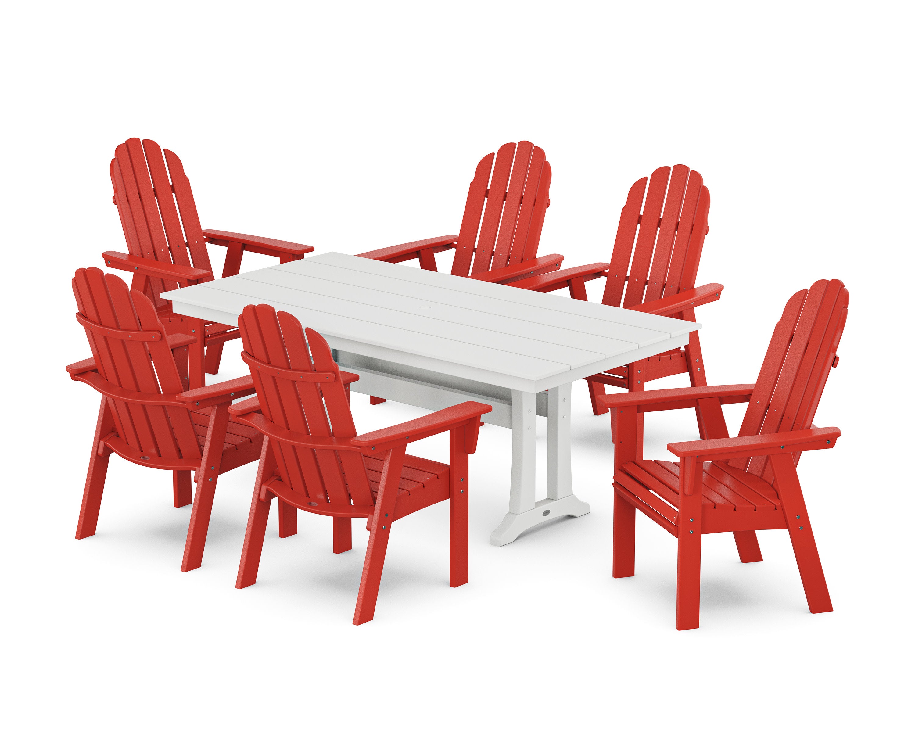 Vineyard Curveback Adirondack Chair 7-Piece Farmhouse Dining Set with Trestle Legs in Sunset Red / White