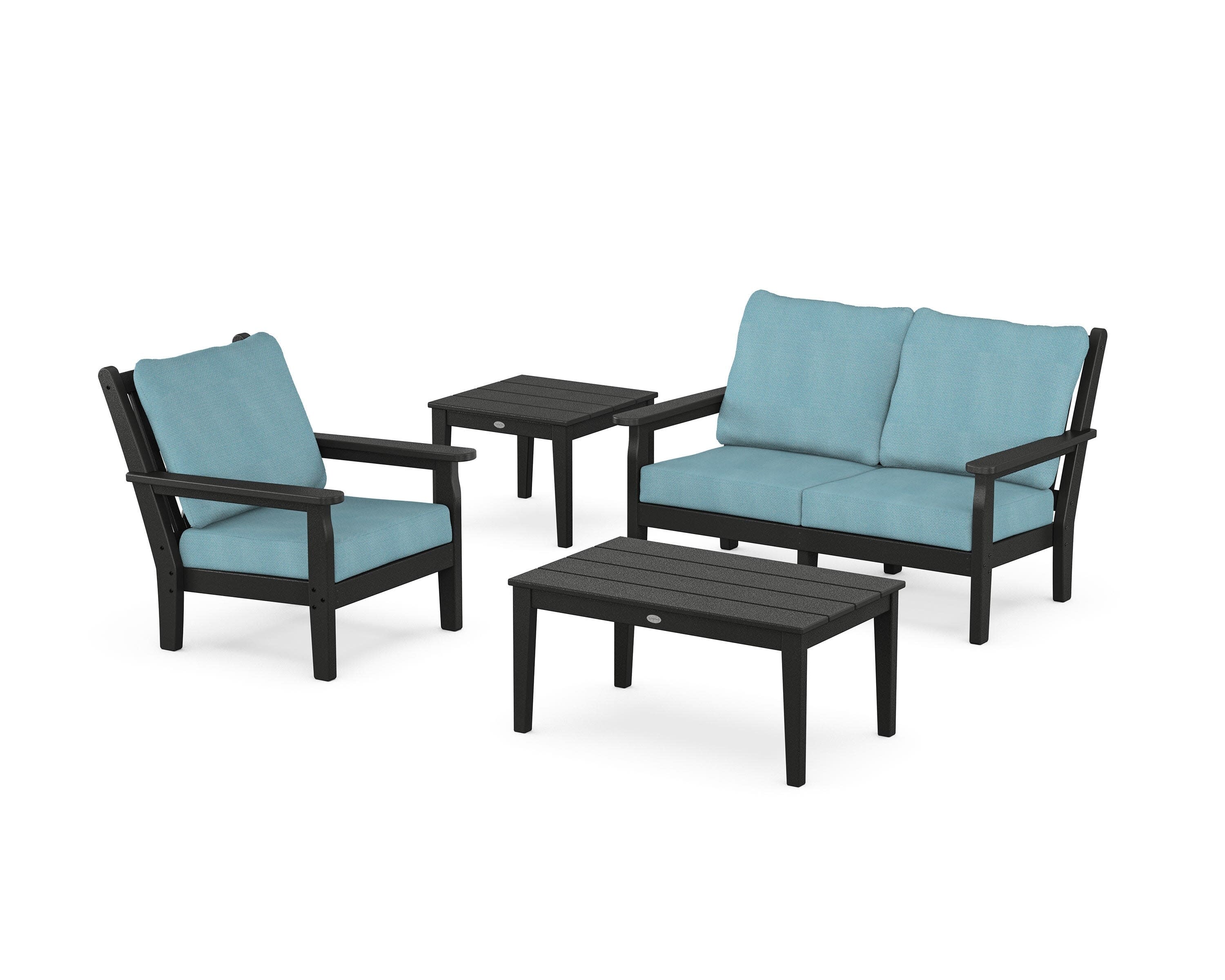 Chippendale 4-Piece Deep Seating Set in Black / Lattice Sky Blue
