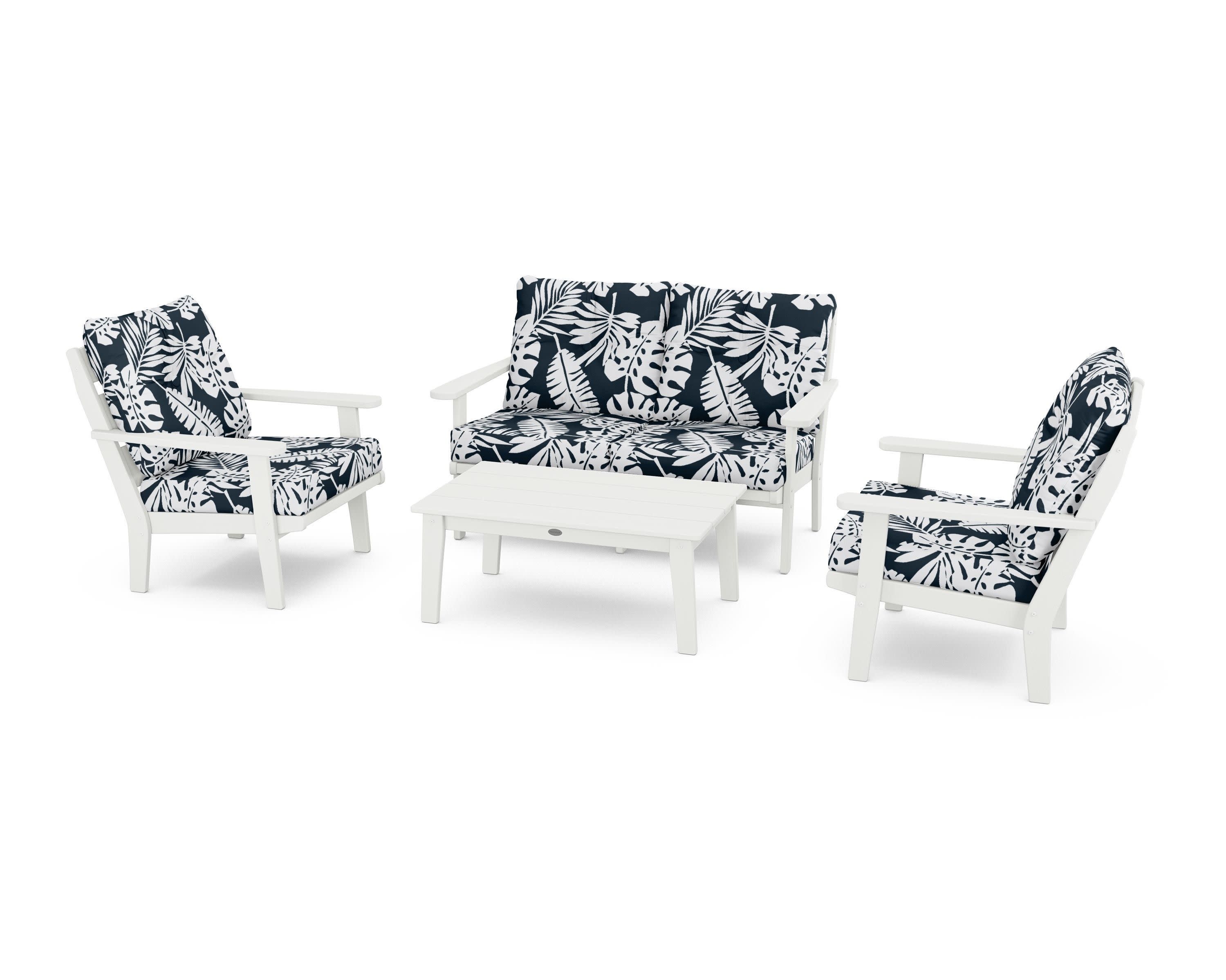 Lakeside 4-Piece Deep Seating Set in Vintage White / Leaf Marine Indigo