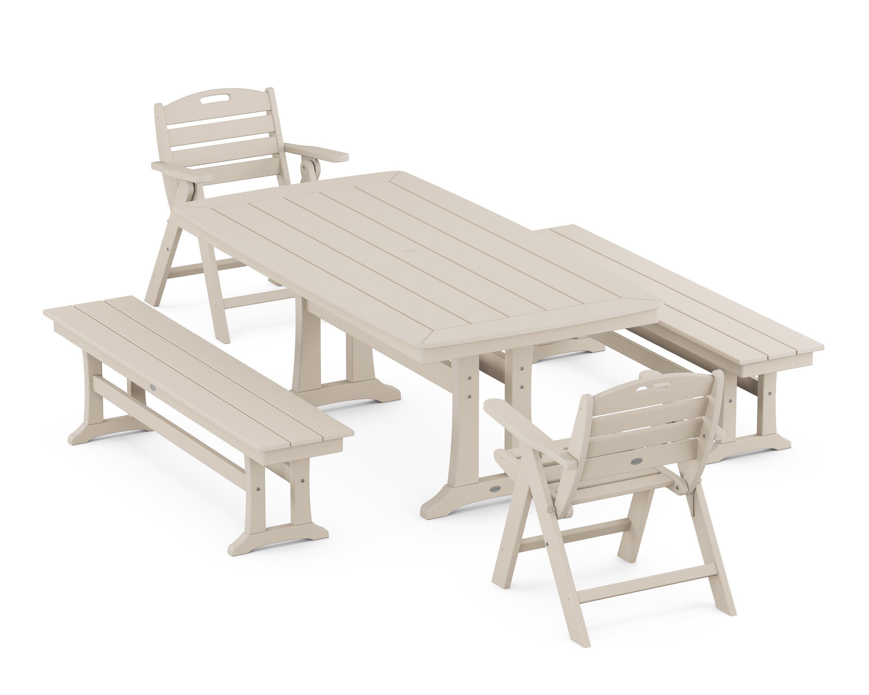 Nautical Folding Lowback Chair 5-Piece Dining Set with Trestle Legs and Benches in Sand