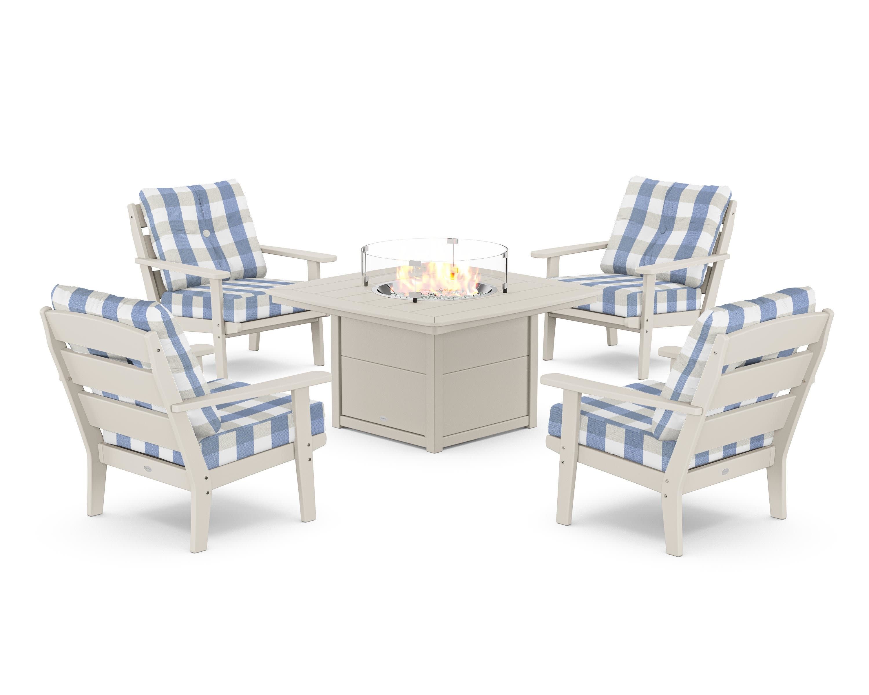 Lakeside 5-Piece Deep Seating Set with Nautical Fire Pit Table in Sand / Buffalo Plaid Sky Blue