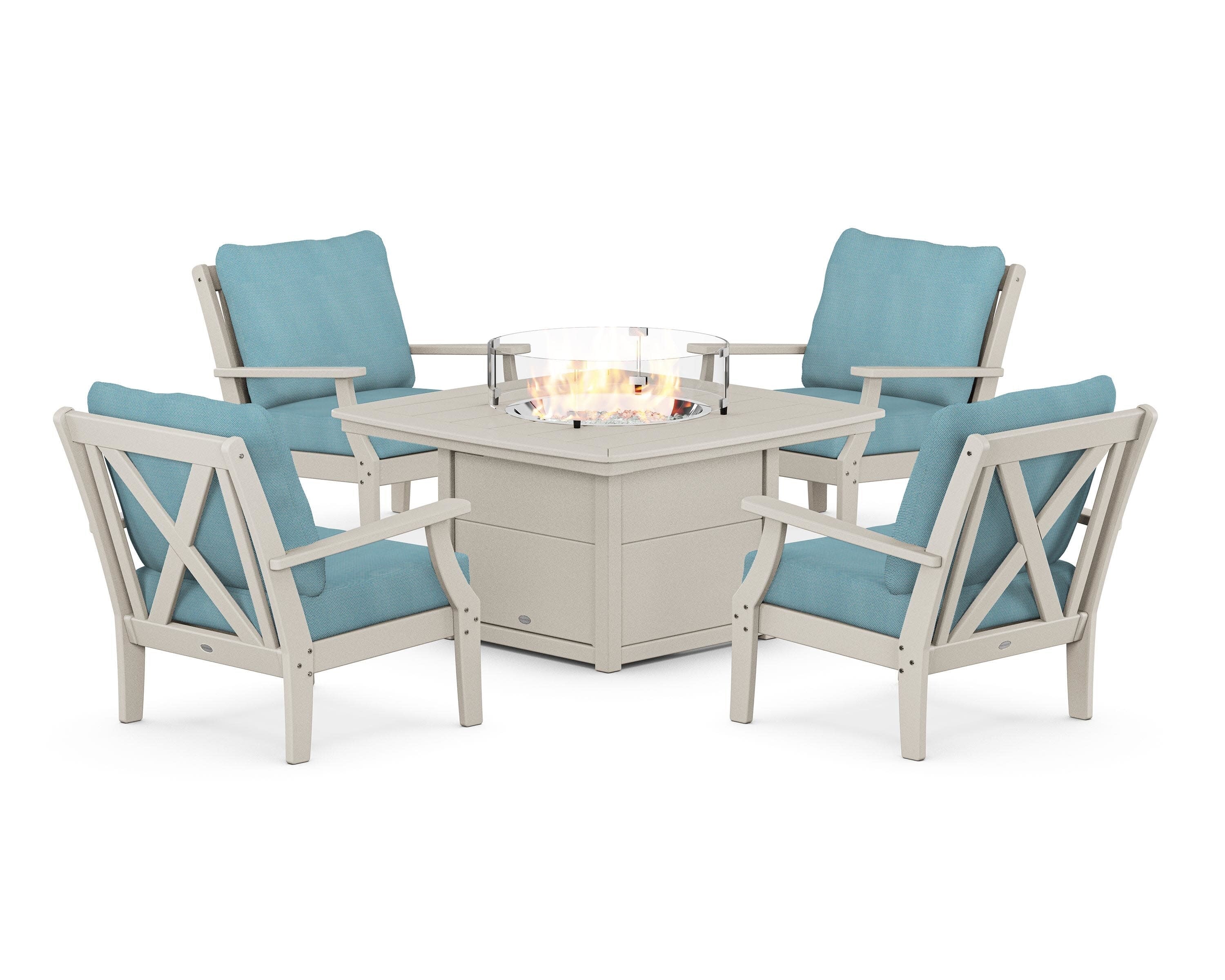 Braxton 5-Piece Deep Seating Conversation Set with Fire Pit Table in Sand / Lattice Sky Blue