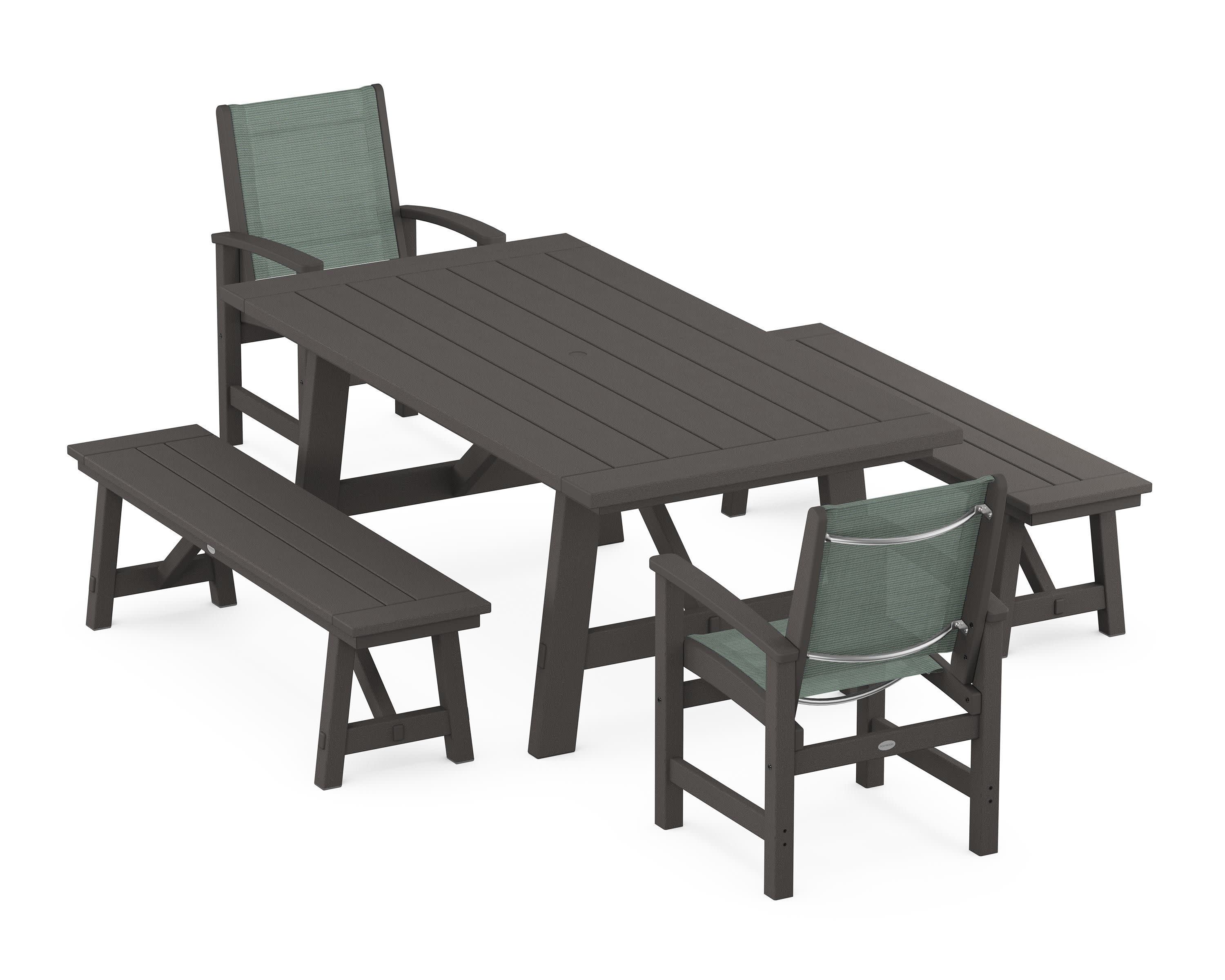 Coastal 5-Piece Rustic Farmhouse Dining Set With Benches in Vintage Coffee / Dupioni Sea Mist Sling