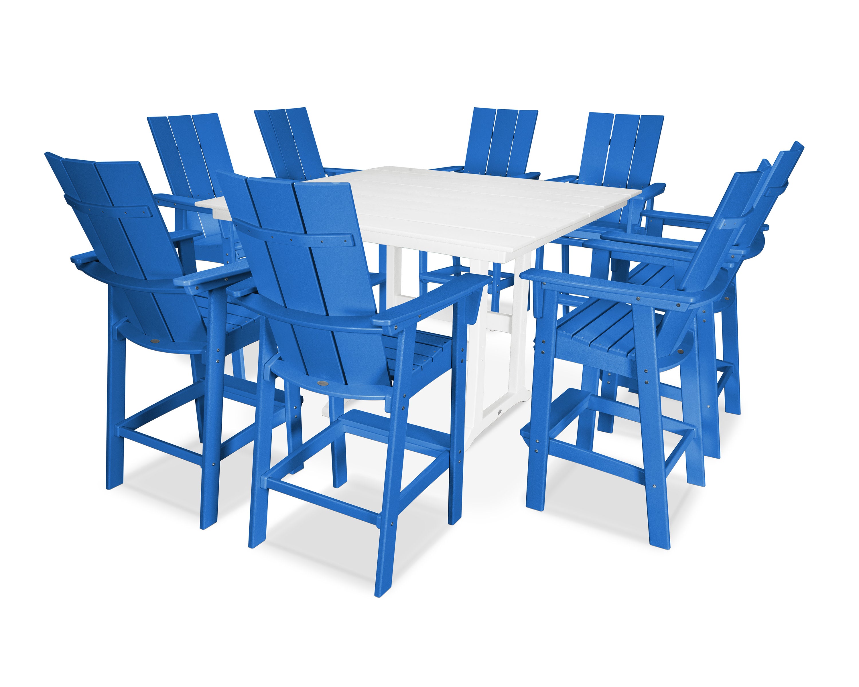 Modern Curveback Adirondack 9-Piece Farmhouse Trestle Bar Set in Pacific Blue / White