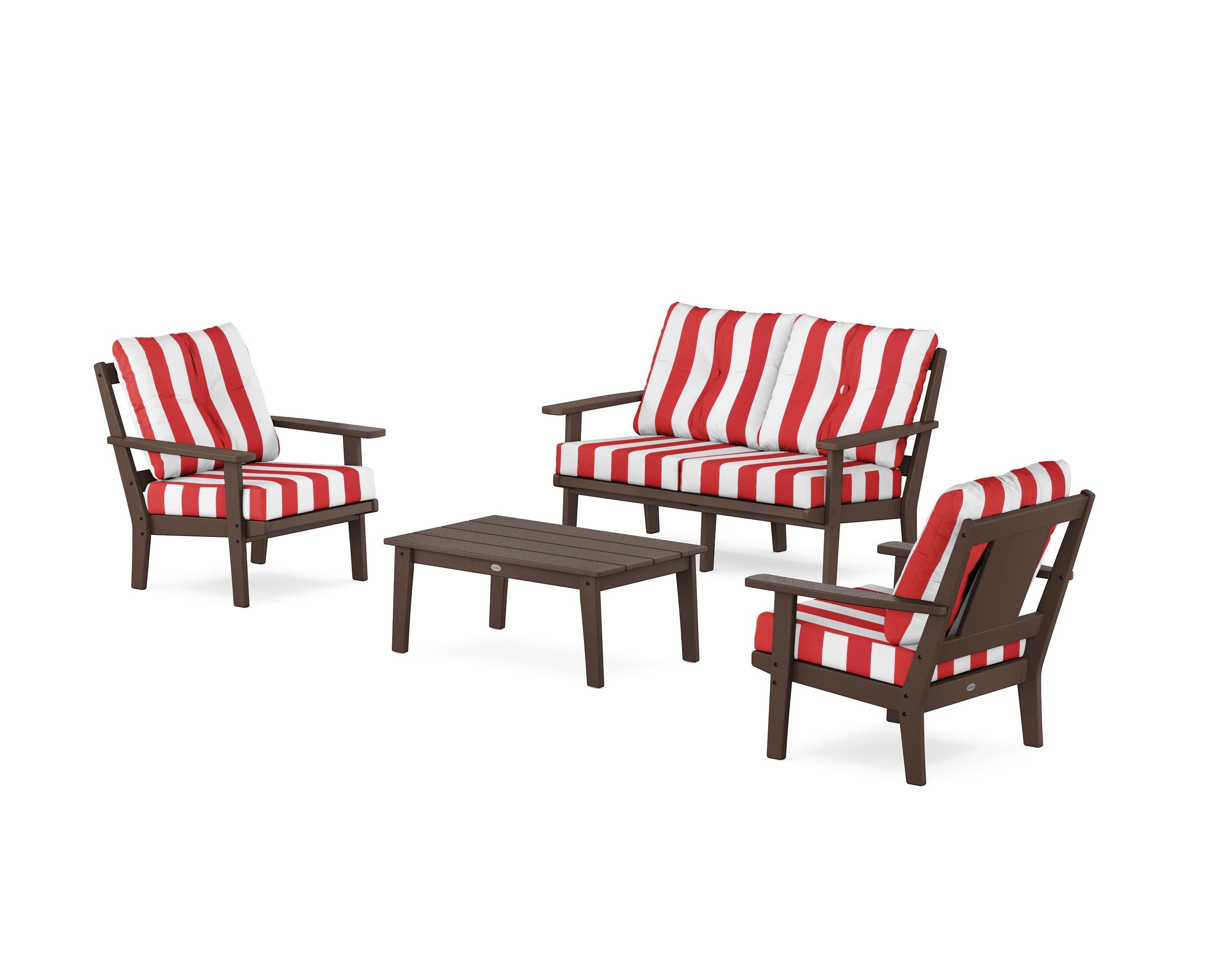 Prairie 4-Piece Deep Seating Set with Loveseat in Mahogany / Cabana Stripe Crimson