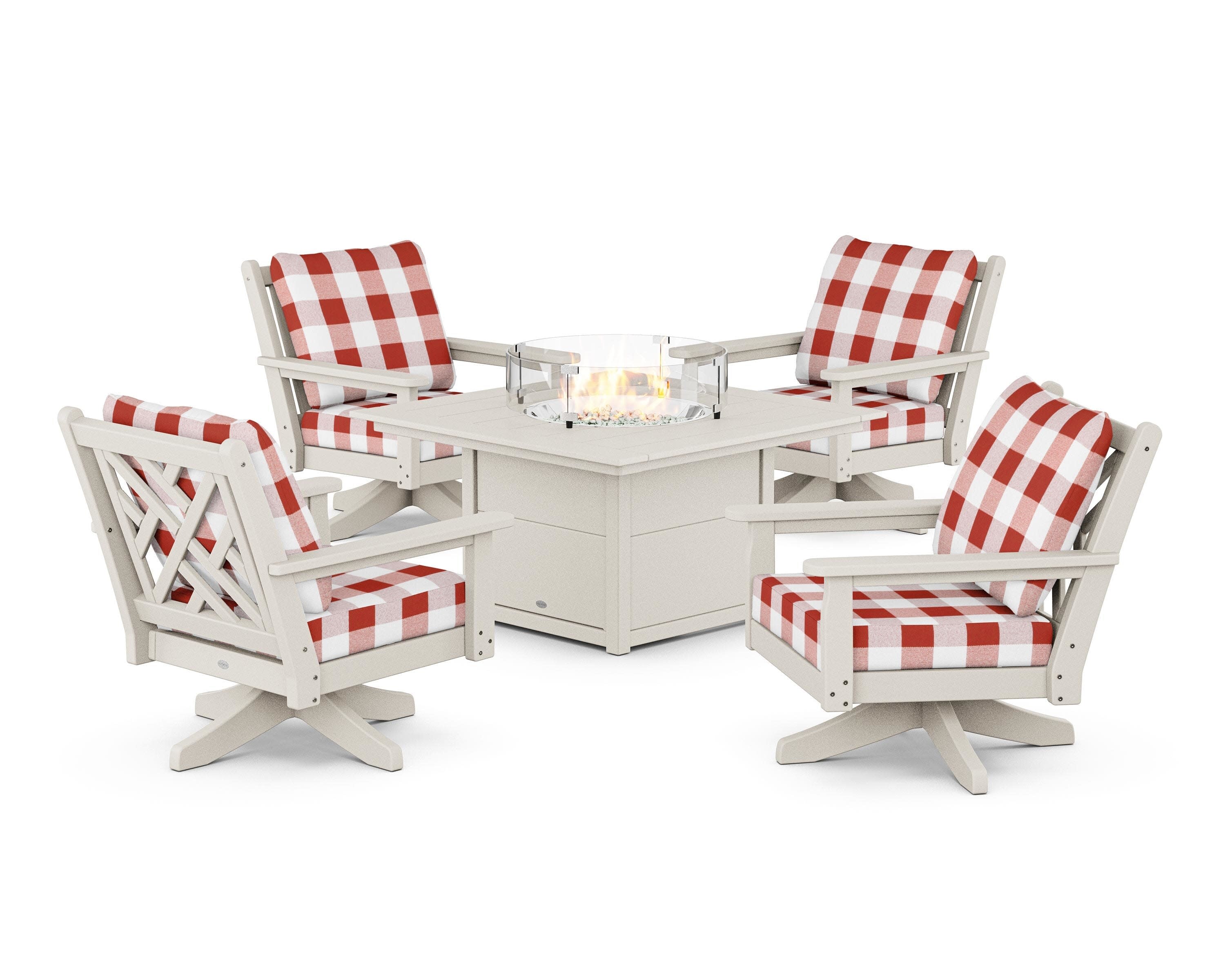 Chippendale 5-Piece Deep Seating Swivel Conversation Set with Fire Pit Table in Sand / Buffalo Plaid Crimson