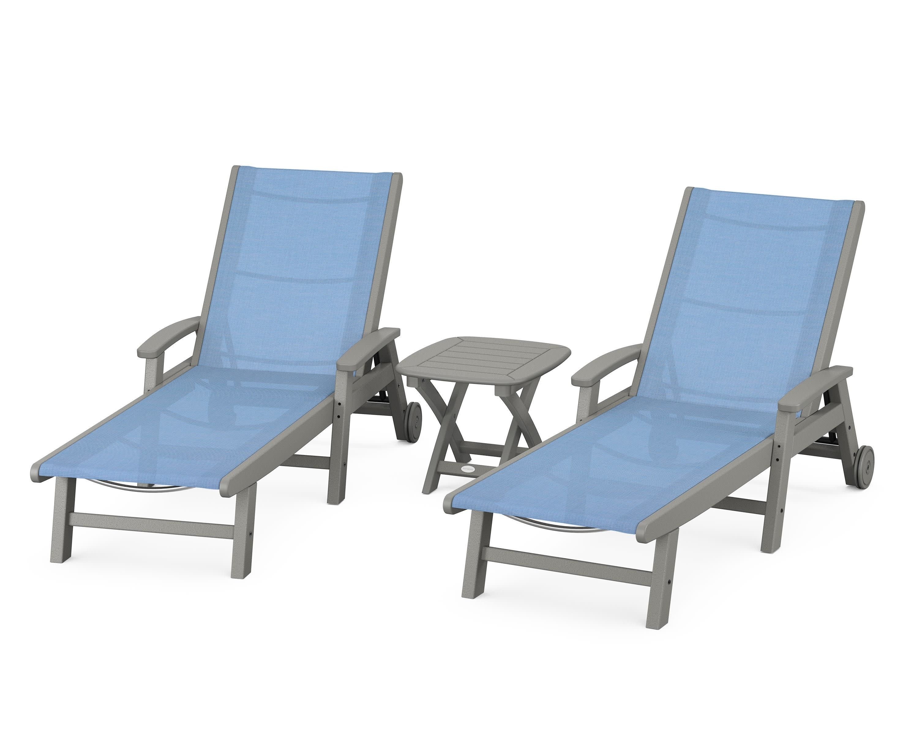 Coastal 3-Piece Wheeled Chaise Set in Slate Grey / Poolside Sling