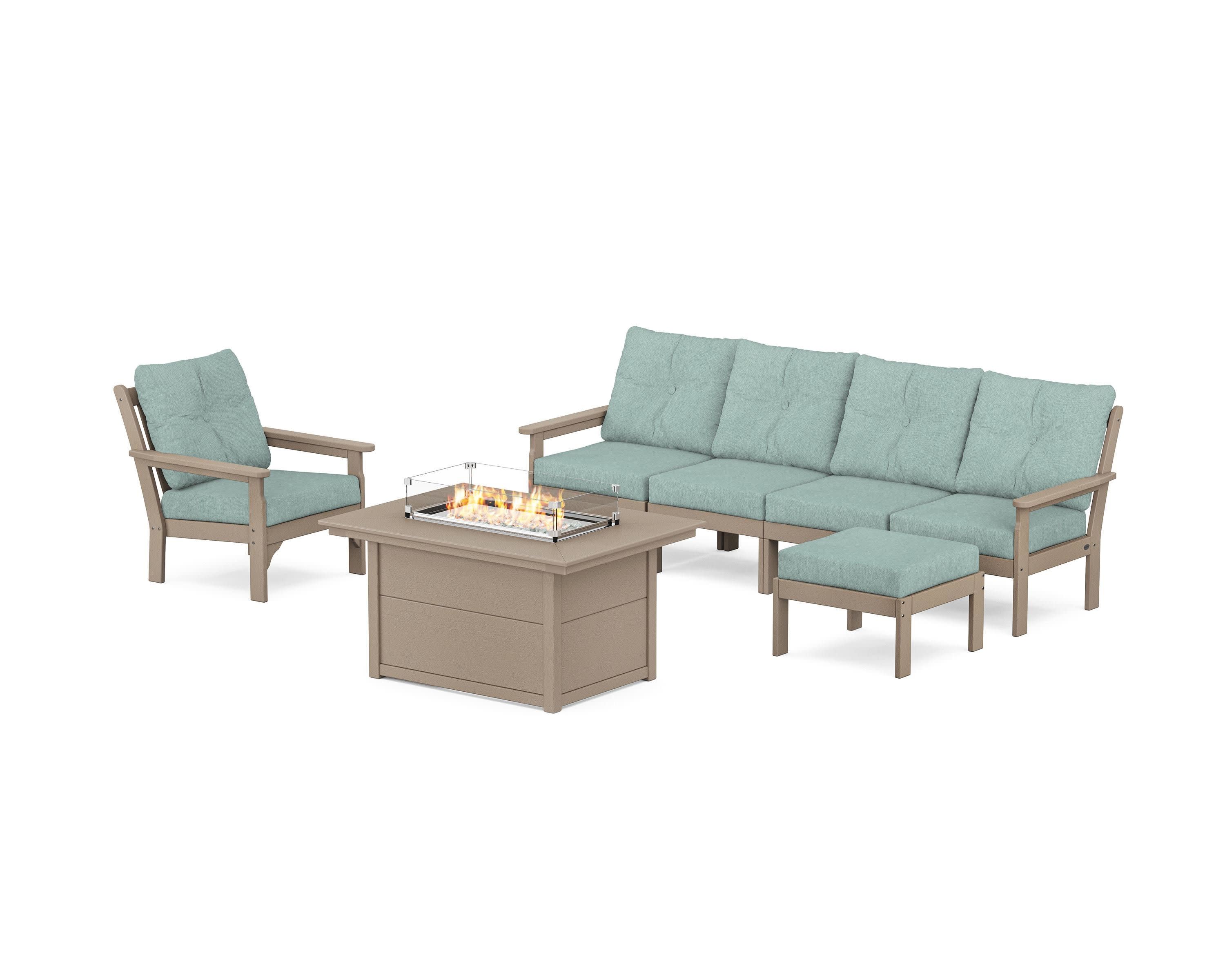 Vineyard Sectional Lounge and Fire Pit Set in Vintage Sahara / Glacier Spa