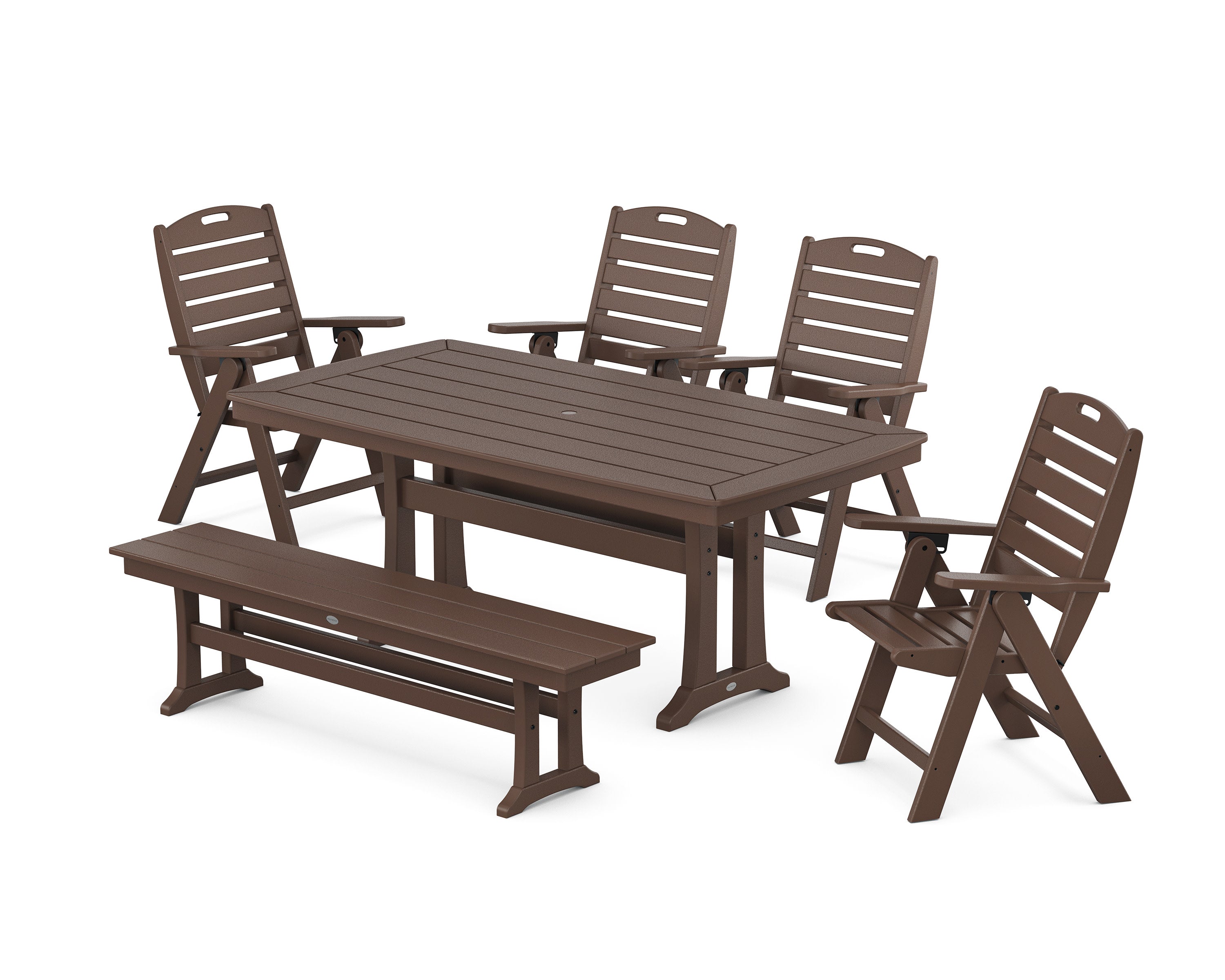 Nautical Highback 6-Piece Dining Set with Trestle Legs and Bench in Mahogany