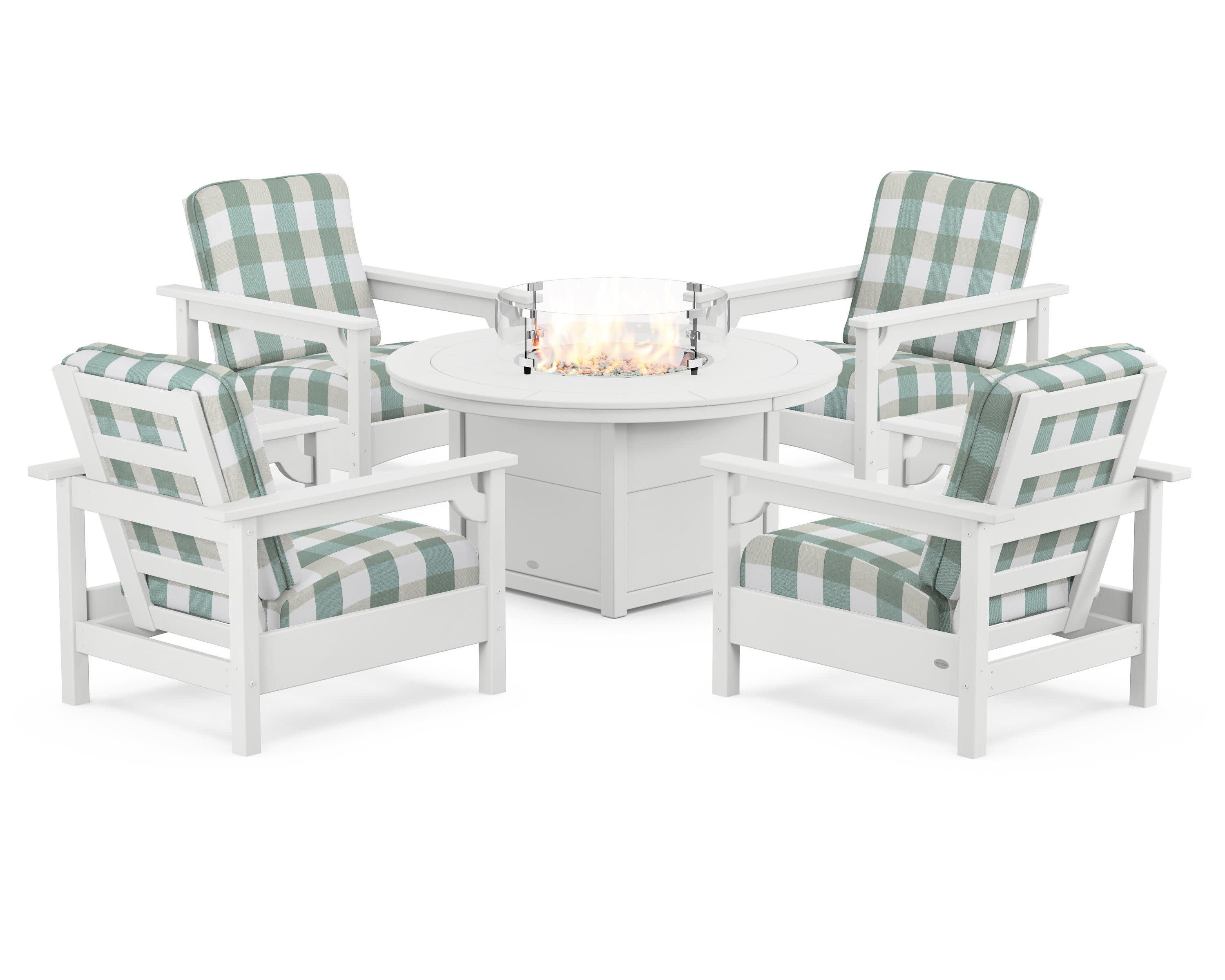 Club 5-Piece Conversation Set with Fire Pit Table in White / Buffalo Plaid Glacier Spa