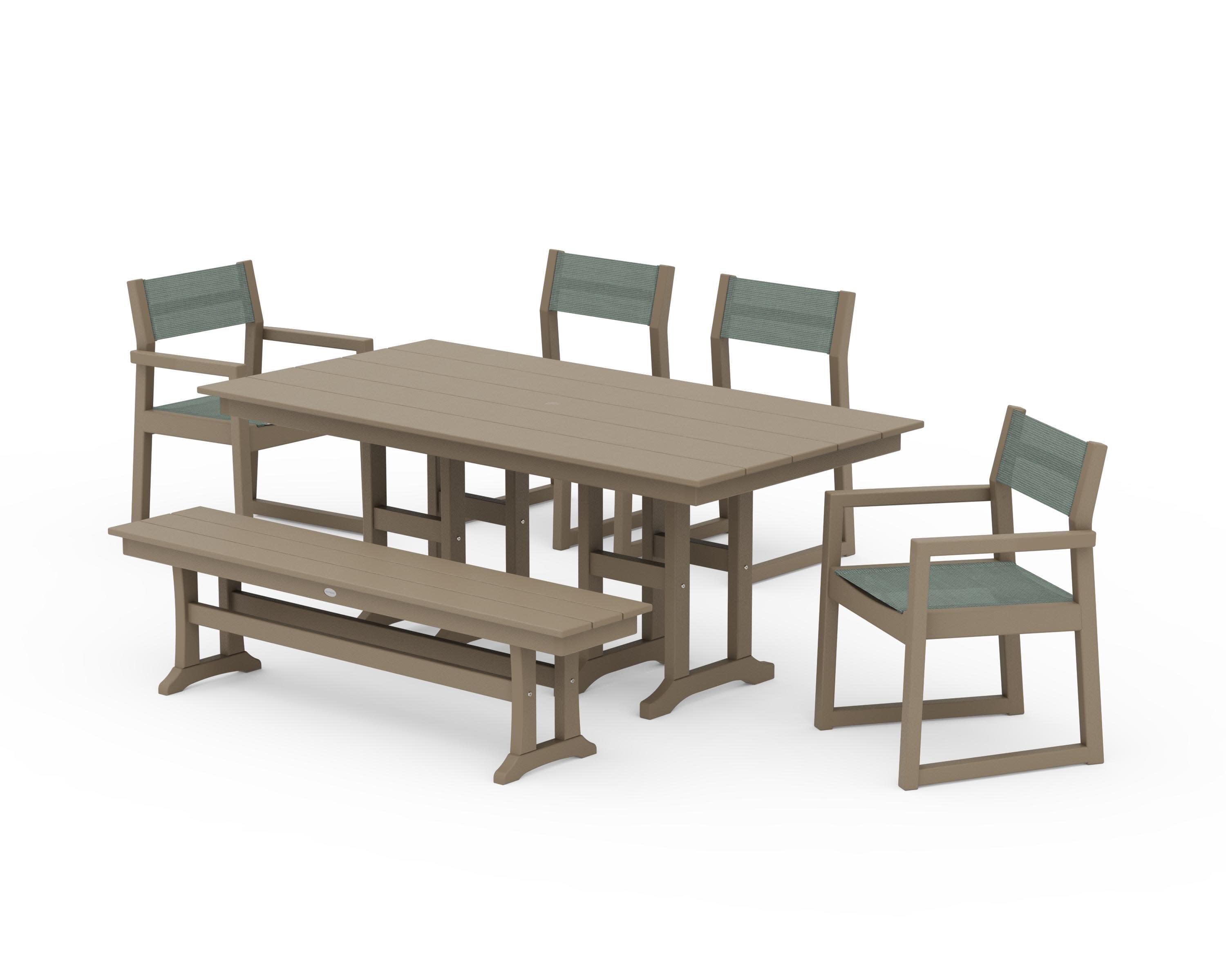 EDGE Sling 6-Piece Farmhouse Dining Set in Vintage Sahara / Dupioni Sea Mist Sling