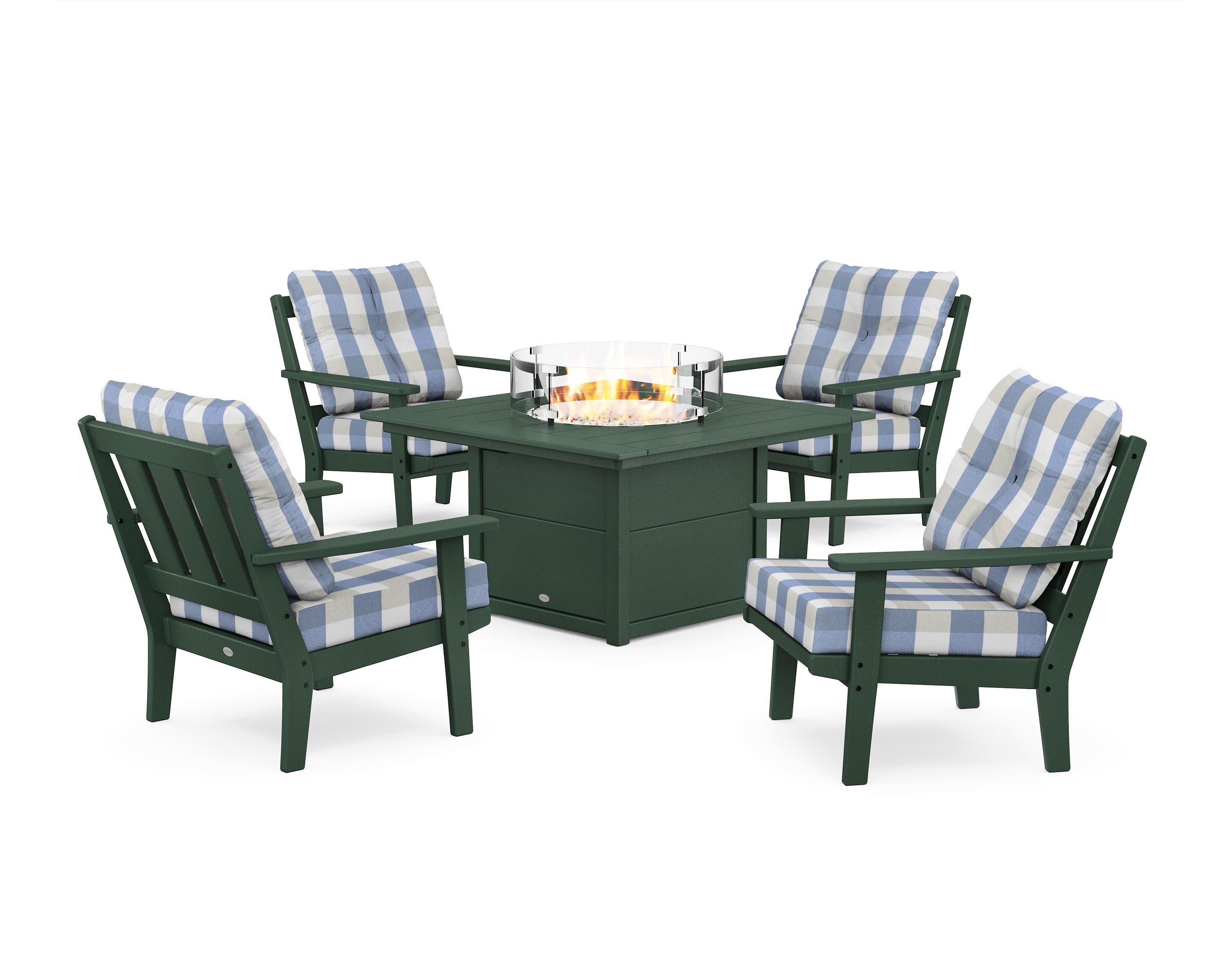 Oxford 5-Piece Deep Seating Set with Fire Pit Table in Green / Buffalo Plaid Sky Blue