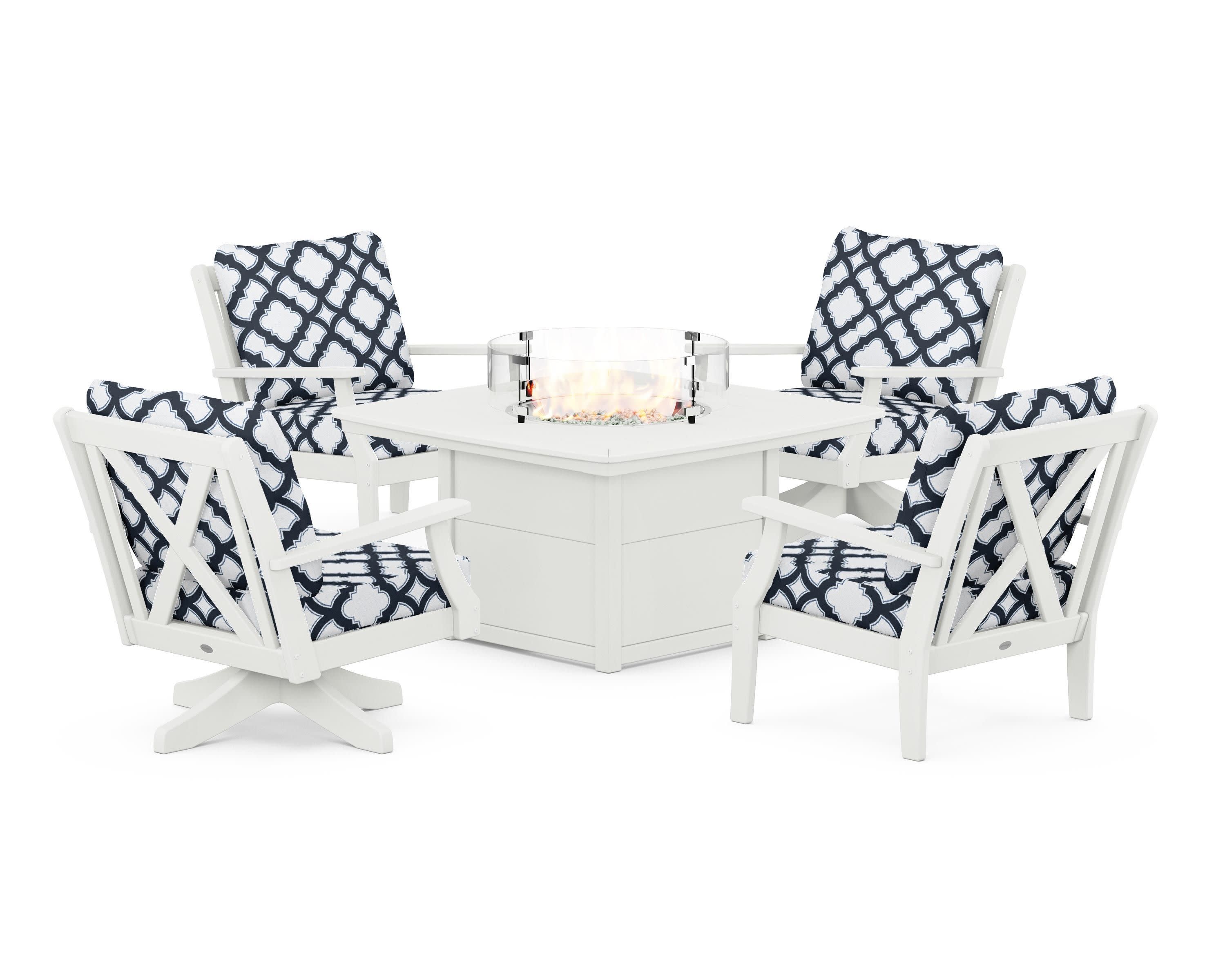 Braxton 5-Piece Deep Seating Set with Fire Table in Vintage White / Trellis Marine Indigo