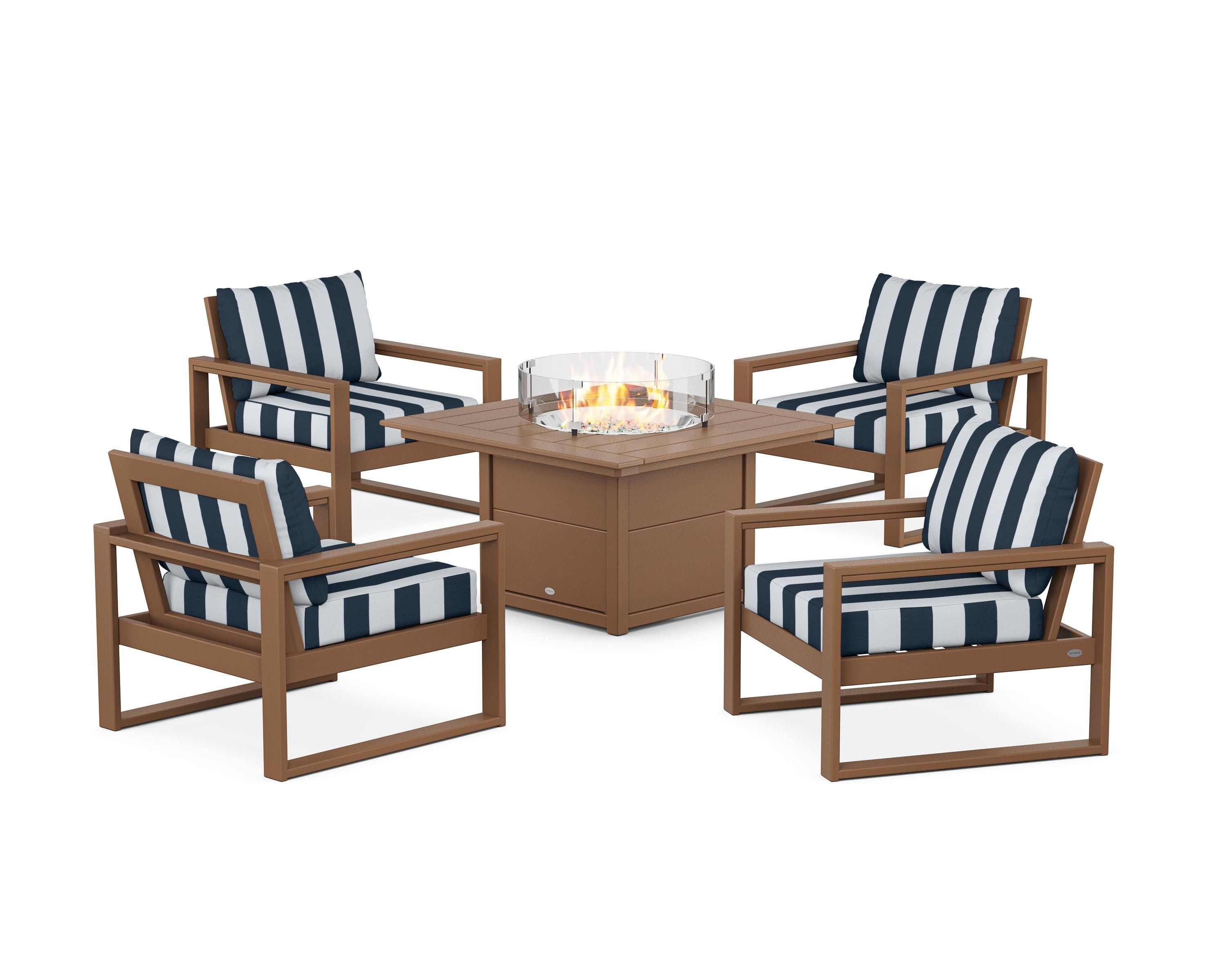 EDGE Sectional 5-Piece Deep Seating Set with Fire Pit Table in Teak / Cabana Stripe Marine Indigo