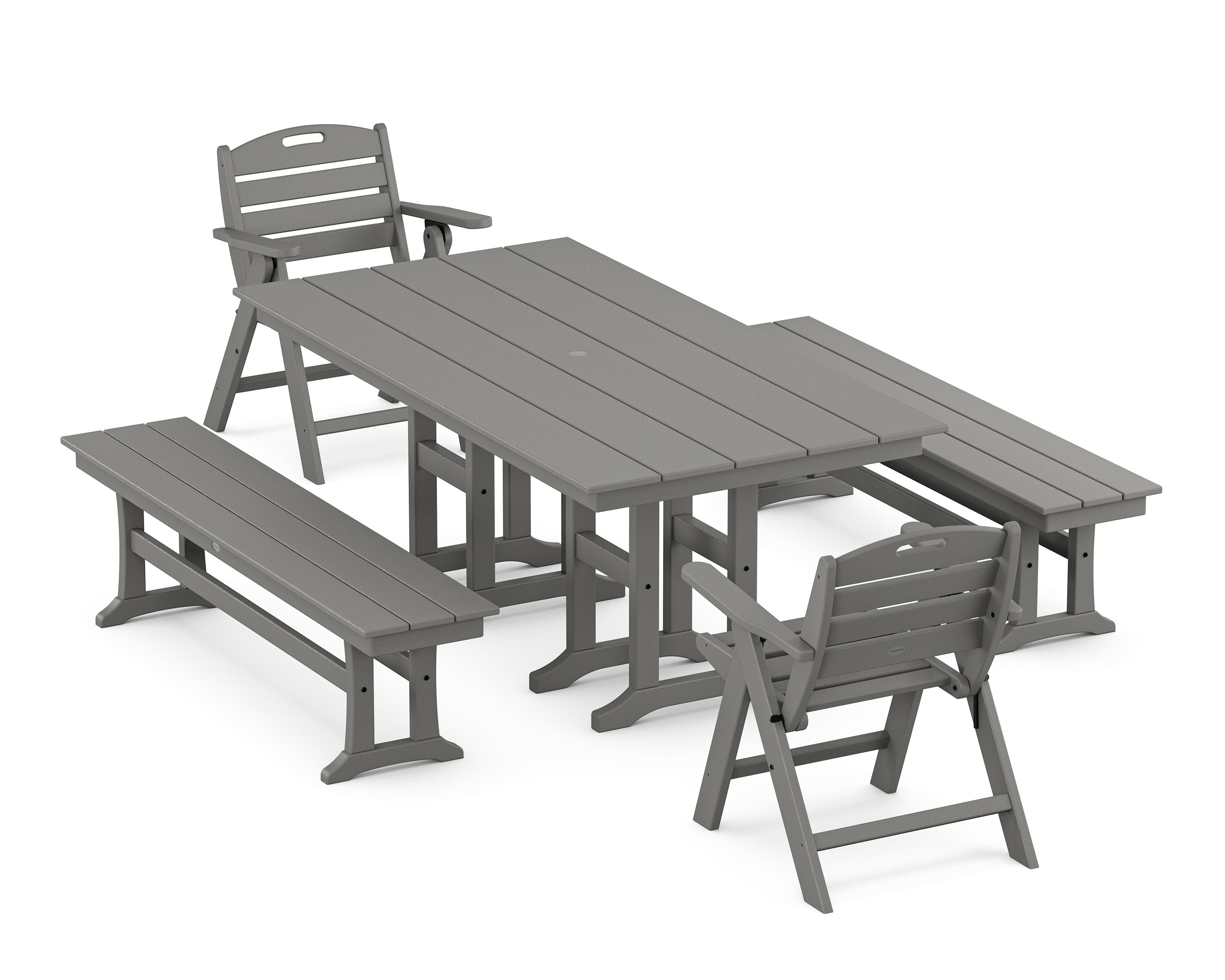Nautical Lowback 5-Piece Farmhouse Dining Set with Benches in Slate Grey