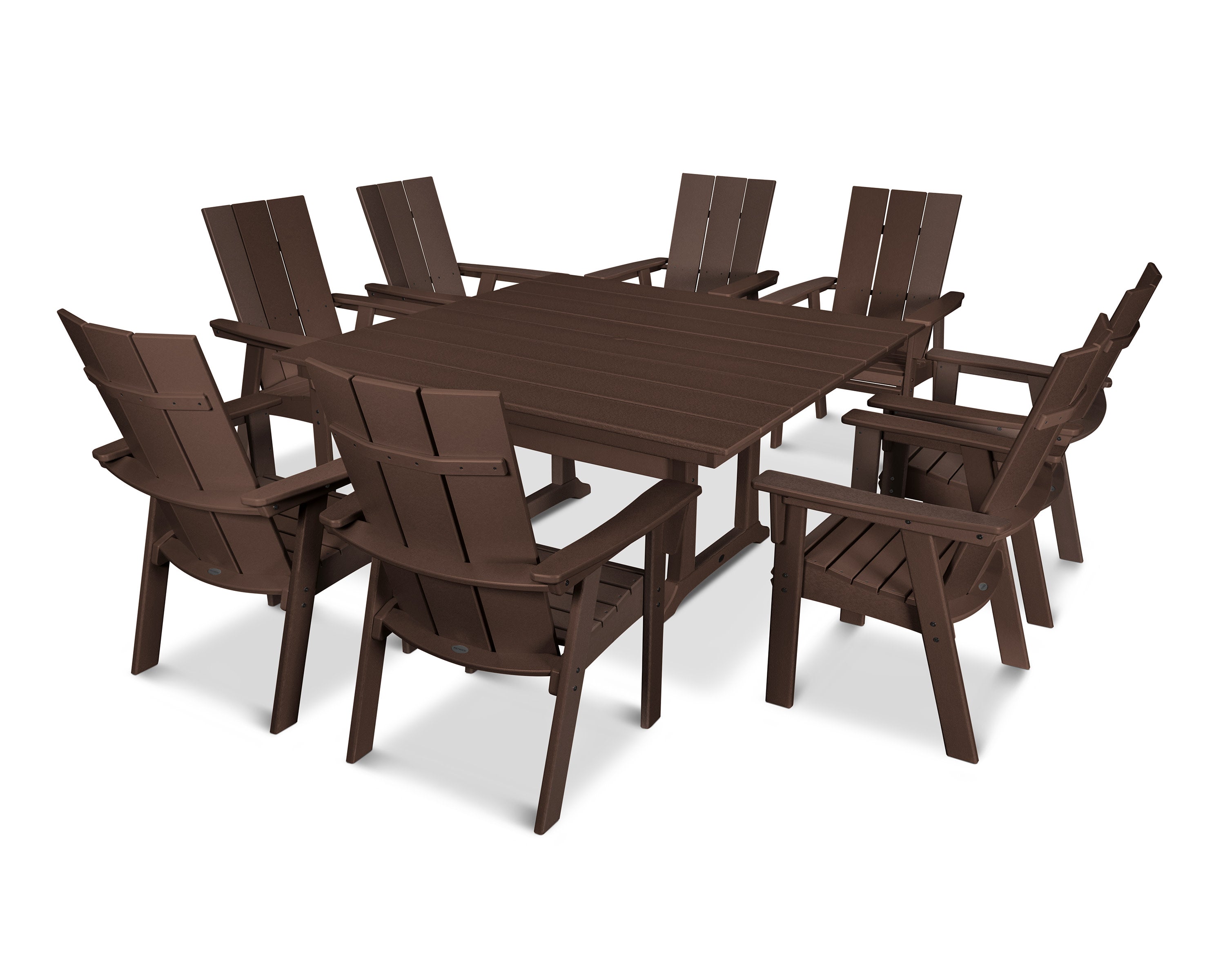 Modern Curveback Adirondack 9-Piece Farmhouse Trestle Dining Set in Mahogany