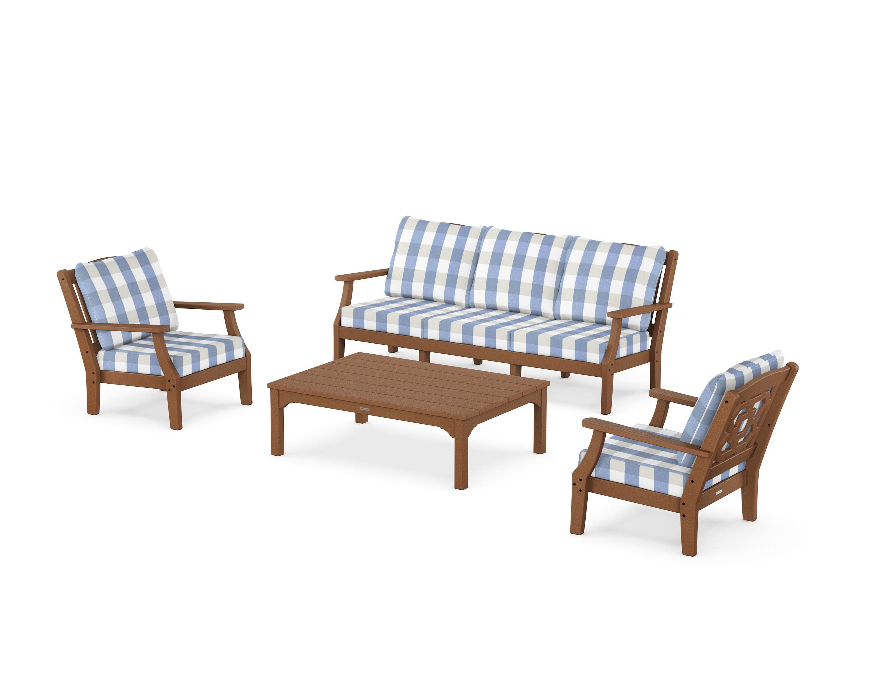 Chinoiserie 4-Piece Deep Seating Set with Sofa in Teak / Buffalo Plaid Sky Blue