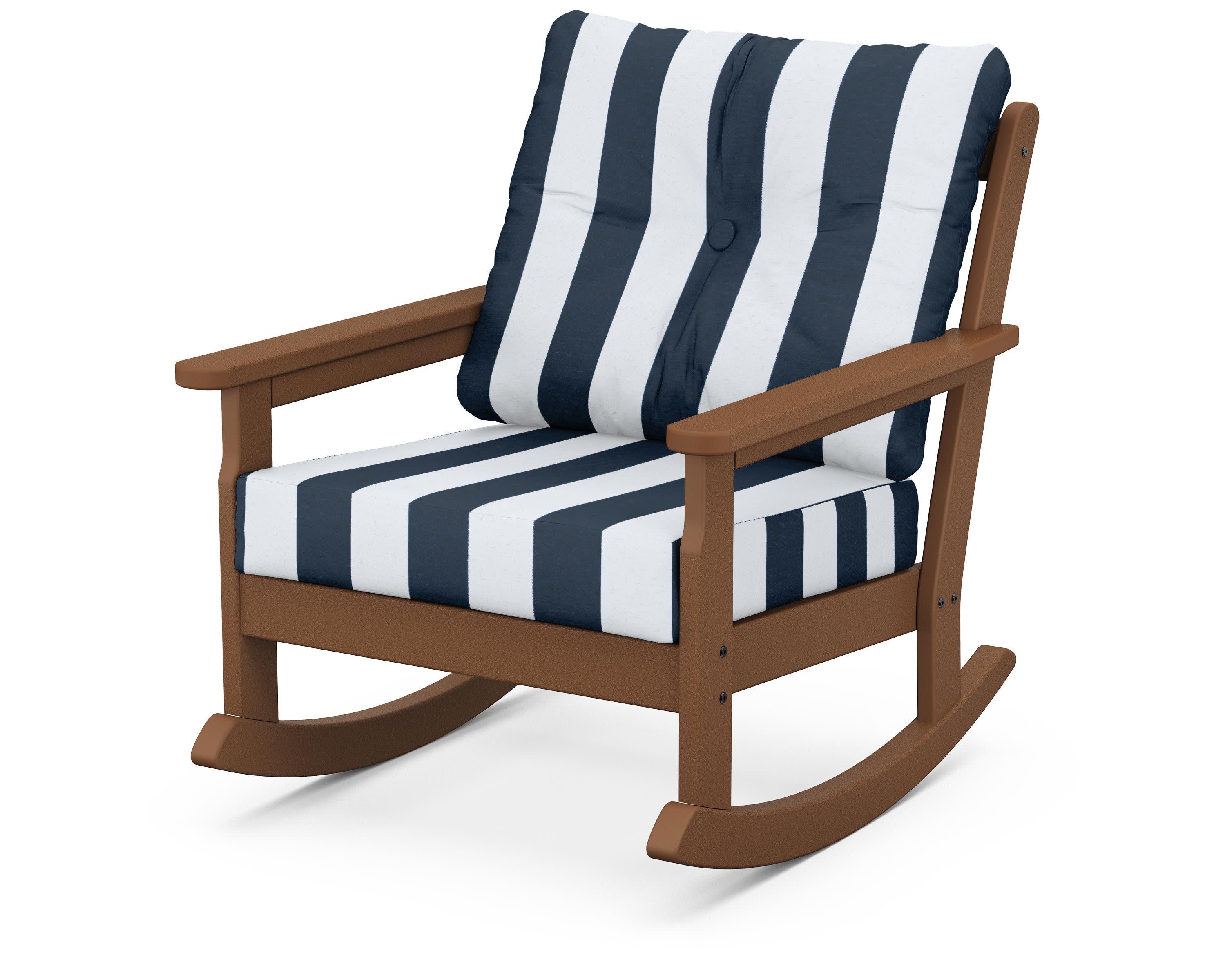 Vineyard Deep Seating Rocking Chair in Teak / Cabana Stripe Marine Indigo