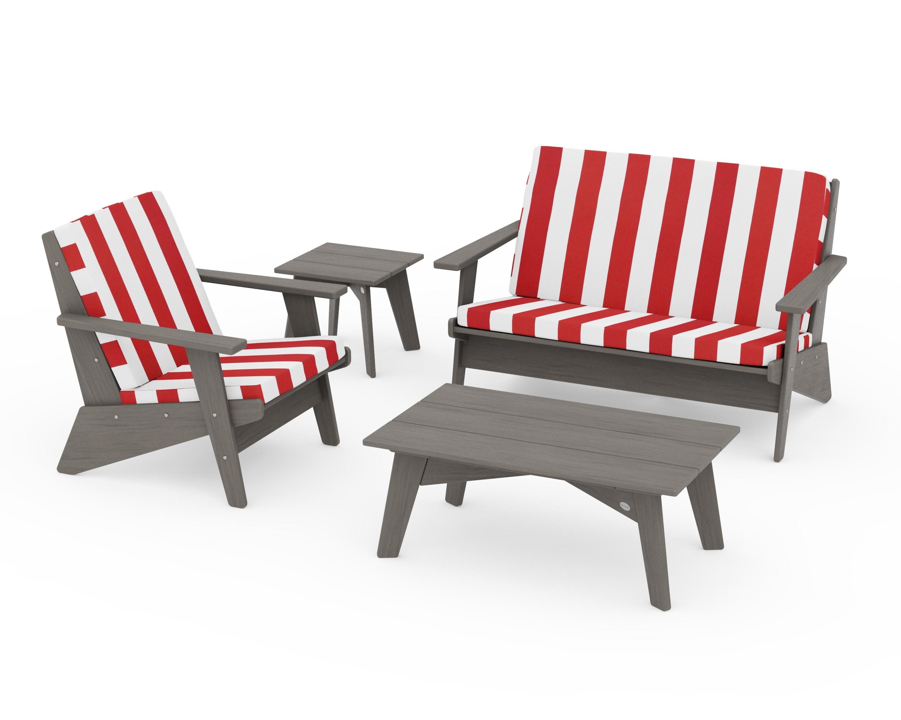 Riviera Modern Lounge 4-Piece Set in Driftwood / Cabana Stripe Crimson