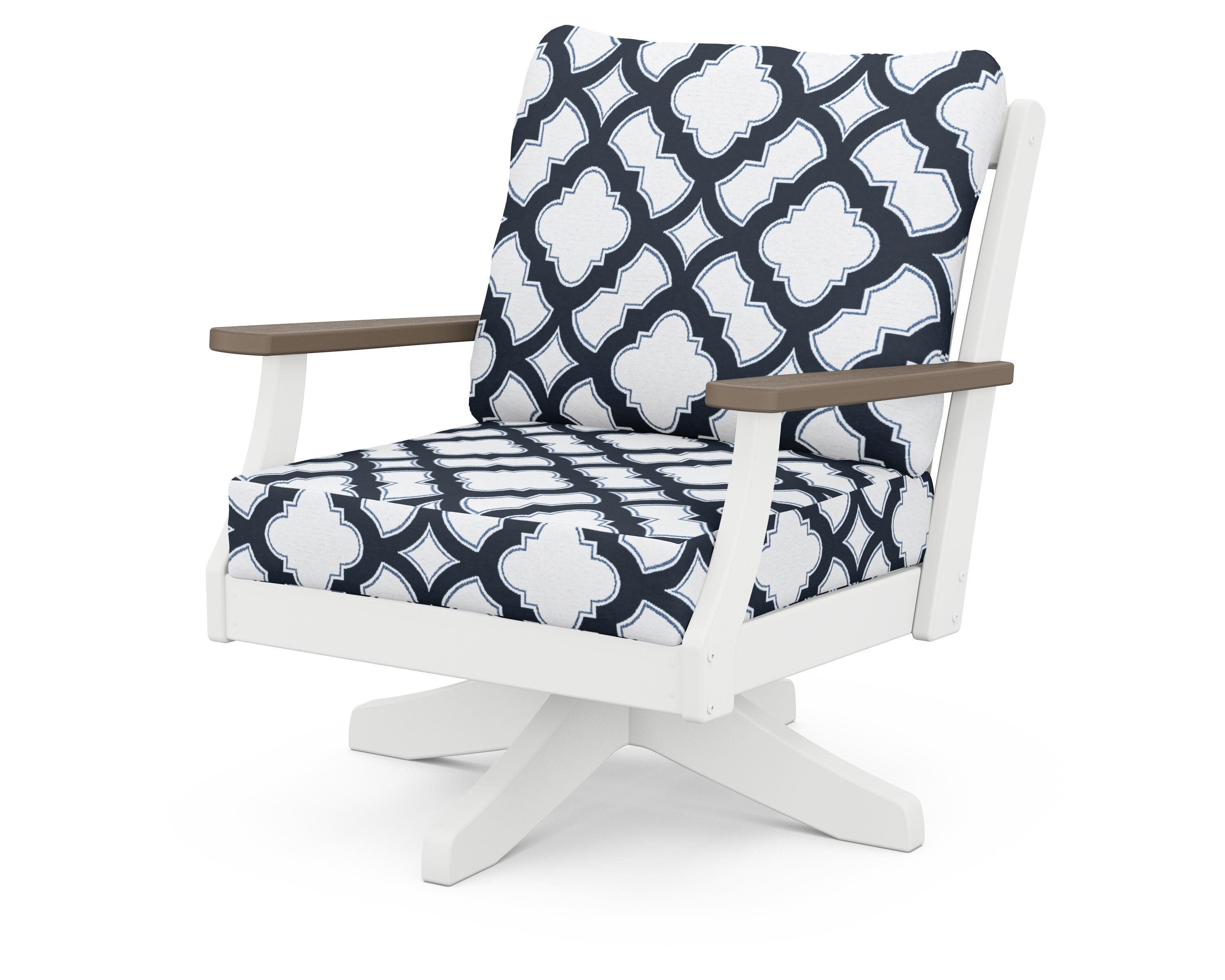 Braxton Deep Seating Swivel Chair in White / Kona / Trellis Marine Indigo