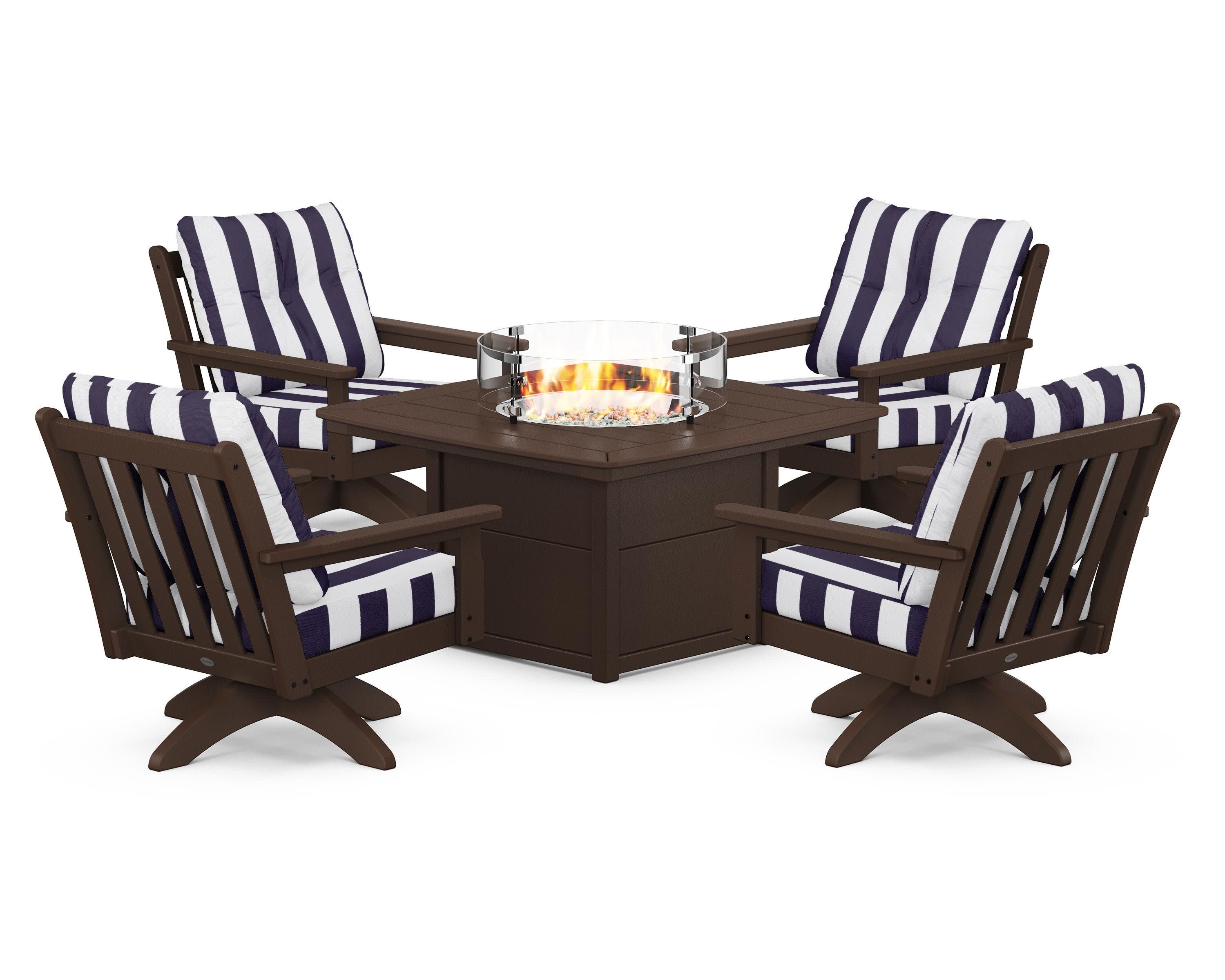 Vineyard 5-Piece Deep Seating Swivel Conversation Set with Fire Pit Table in Mahogany / Cabana Stripe Navy