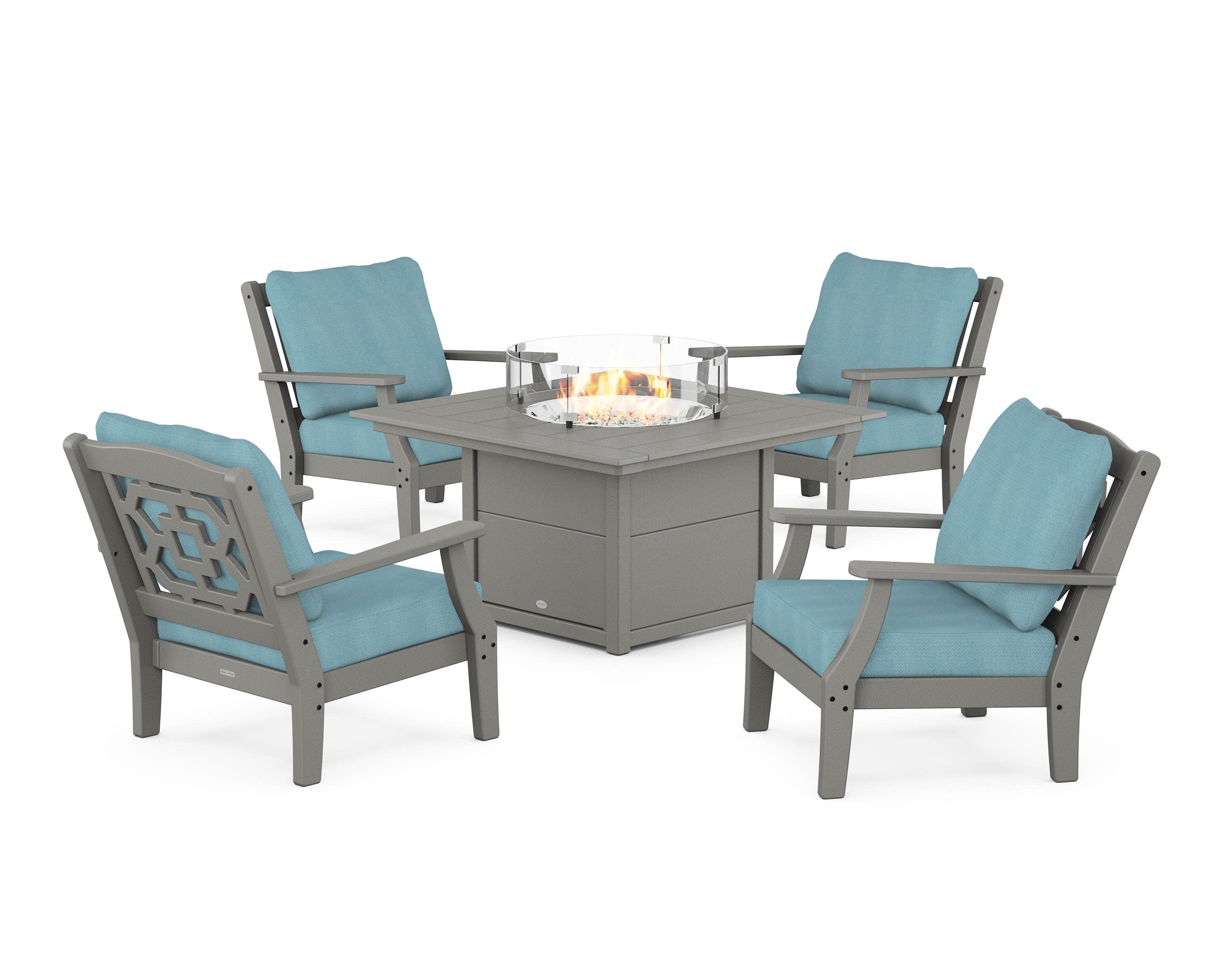 Chinoiserie 5-Piece Deep Seating Set with Fire Pit Table in Slate Grey / Lattice Sky Blue
