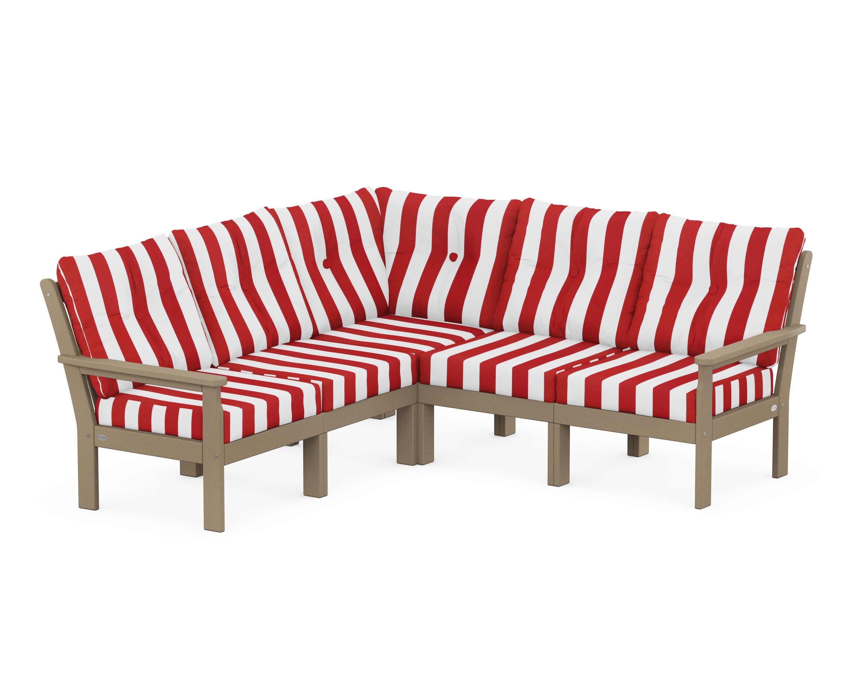 Vineyard 5-Piece Sectional in Vintage Sahara / Cabana Stripe Crimson