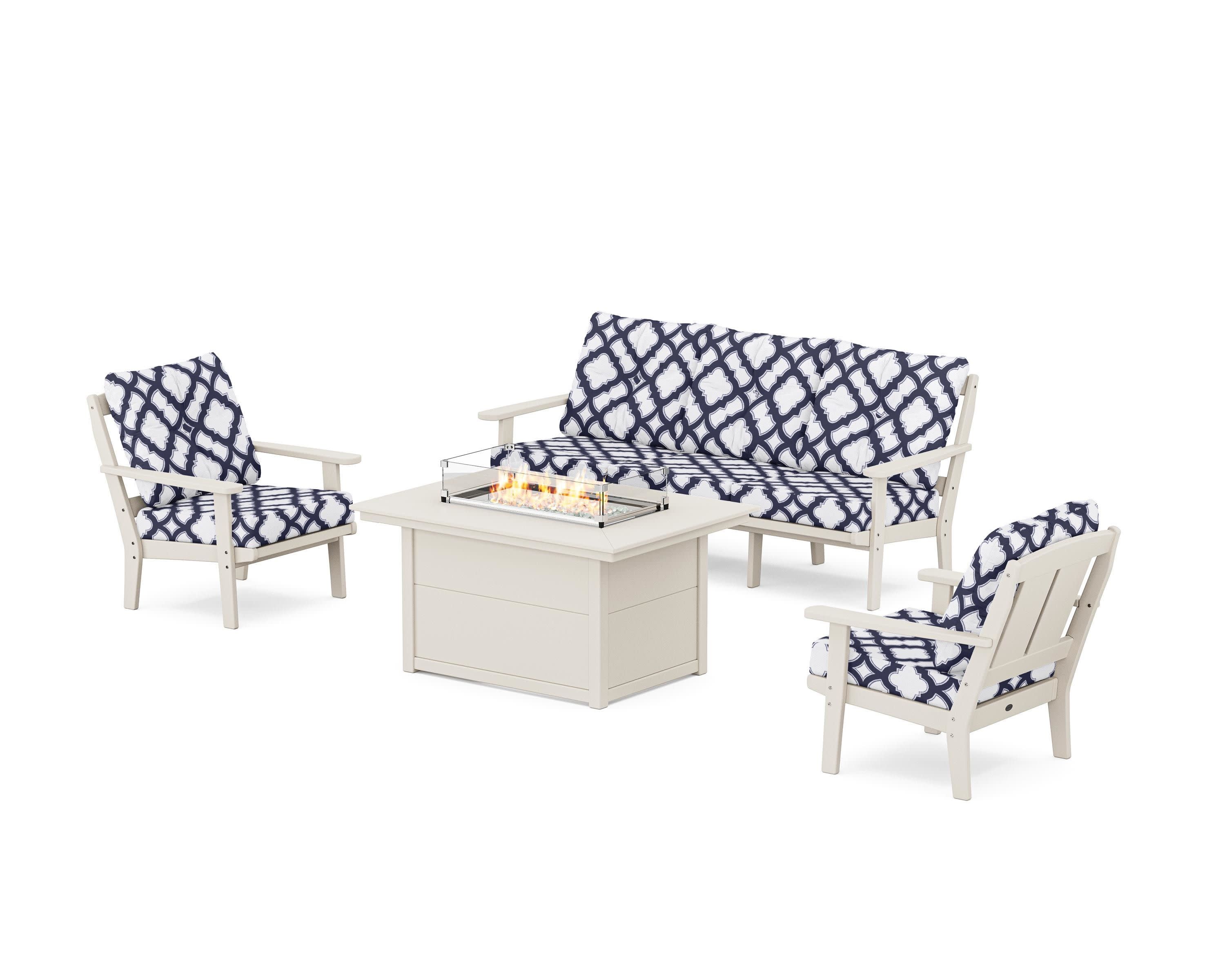 Mission Deep Seating Fire Pit Table Set in Sand / Trellis Navy