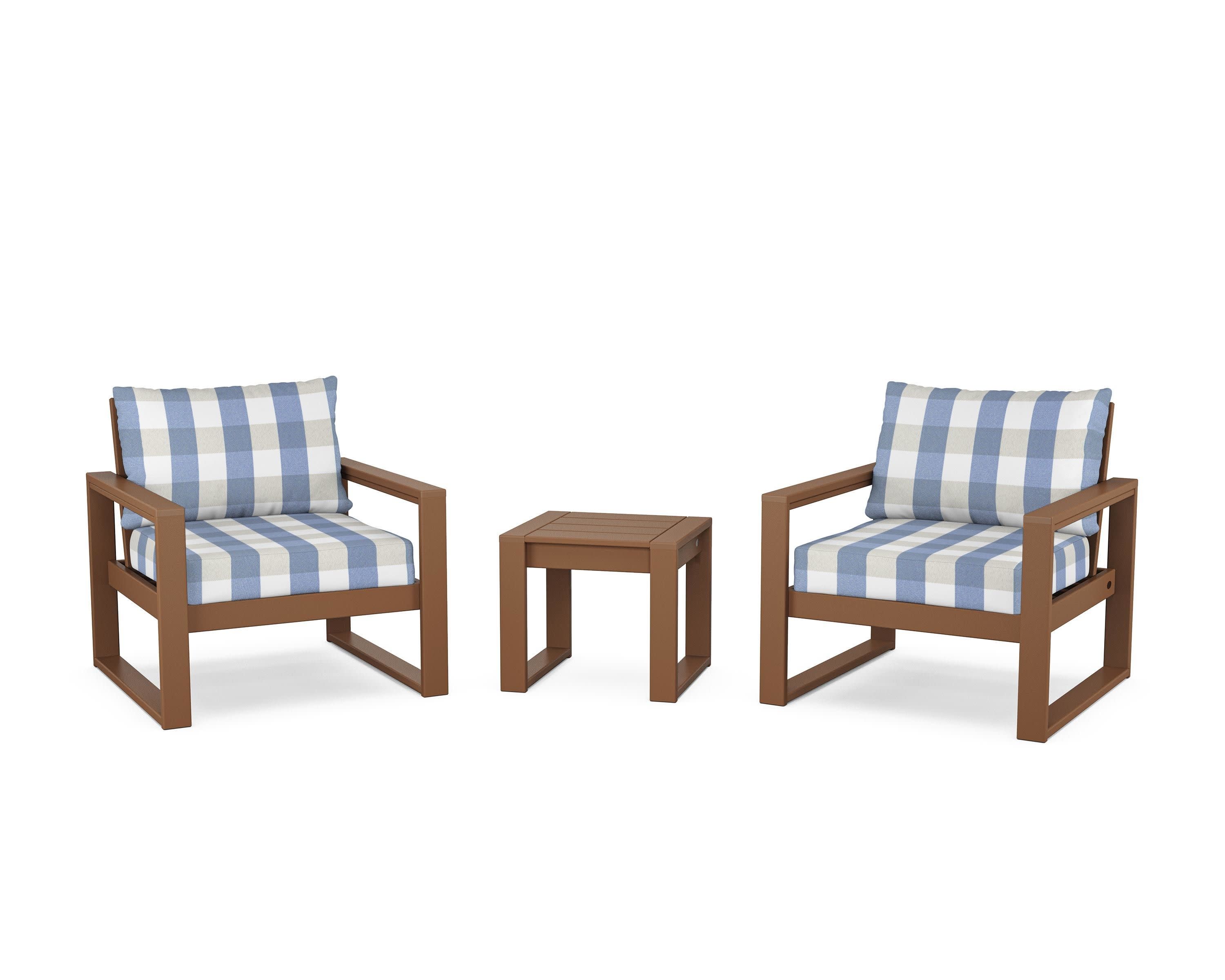 EDGE Sectional 3-Piece Deep Seating Set in Teak / Buffalo Plaid Sky Blue