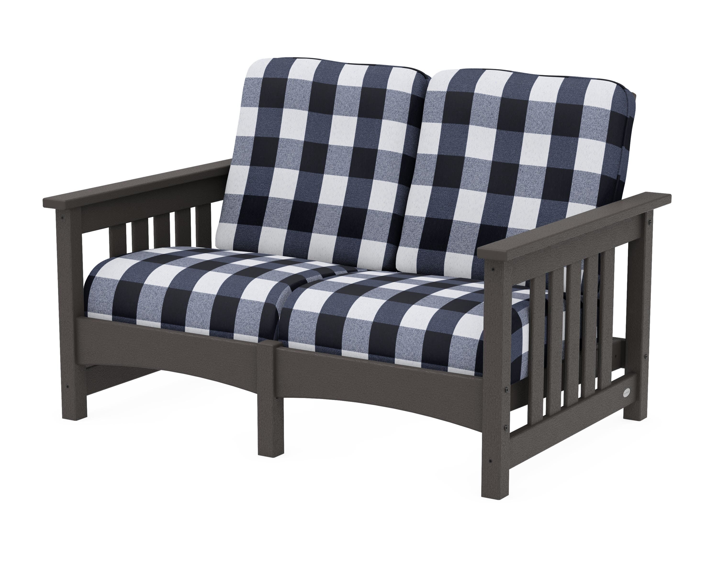 Club Mission Loveseat in Vintage Coffee / Buffalo Plaid Marine Indigo