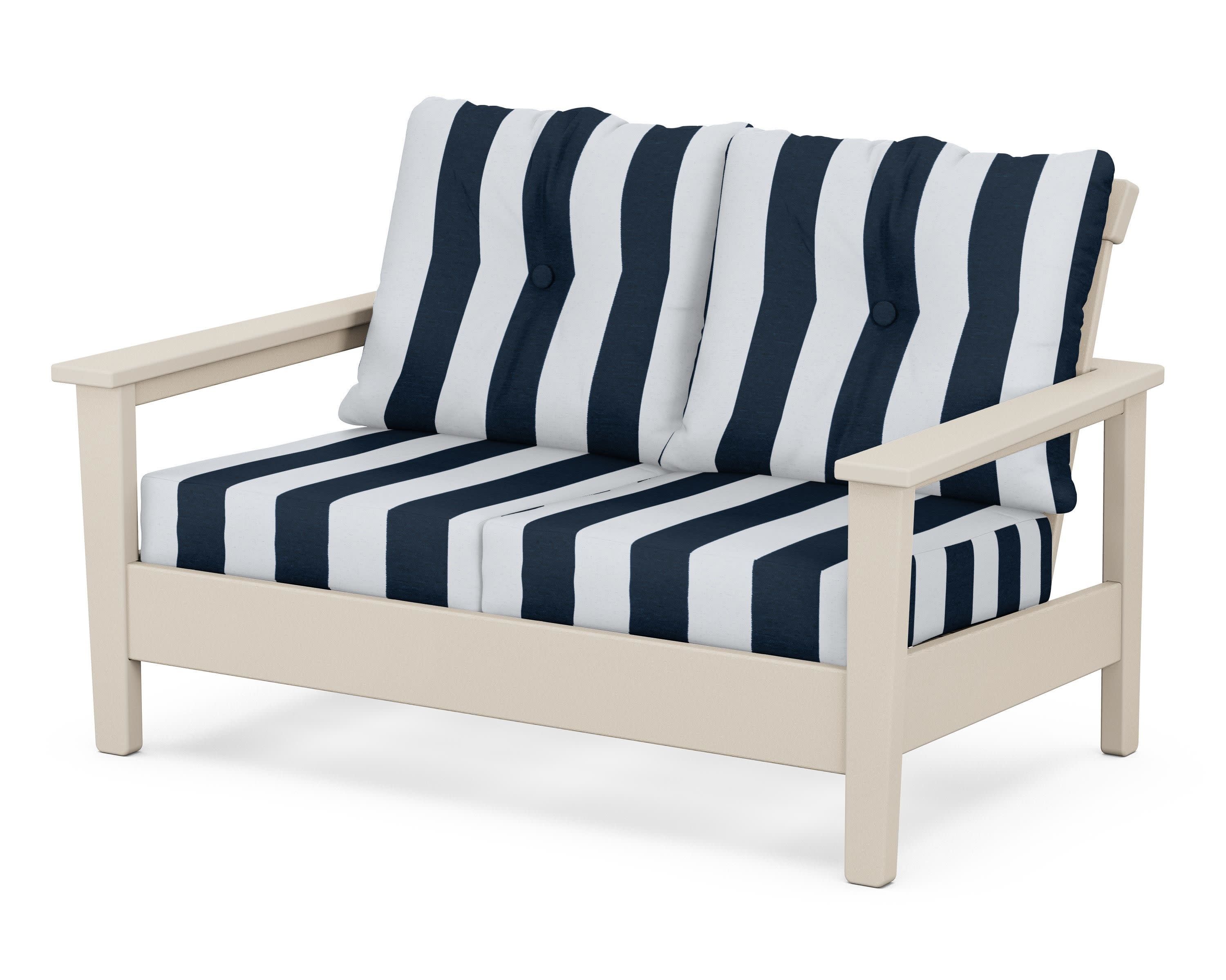 Prescott Deep Seating Loveseat in Sand / Cabana Stripe Marine Indigo