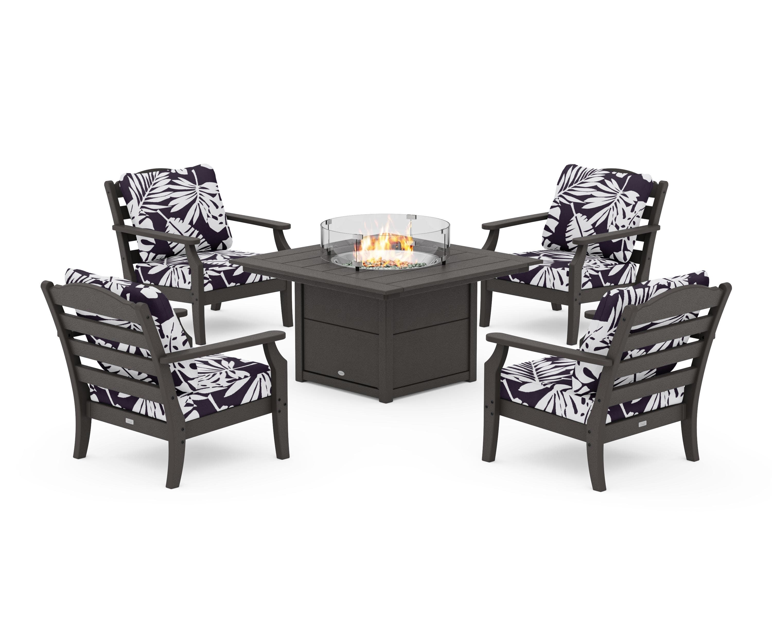 Savannah 5-Piece Deep Seating Set with Fire Pit Table in Vintage Coffee / Leaf Navy