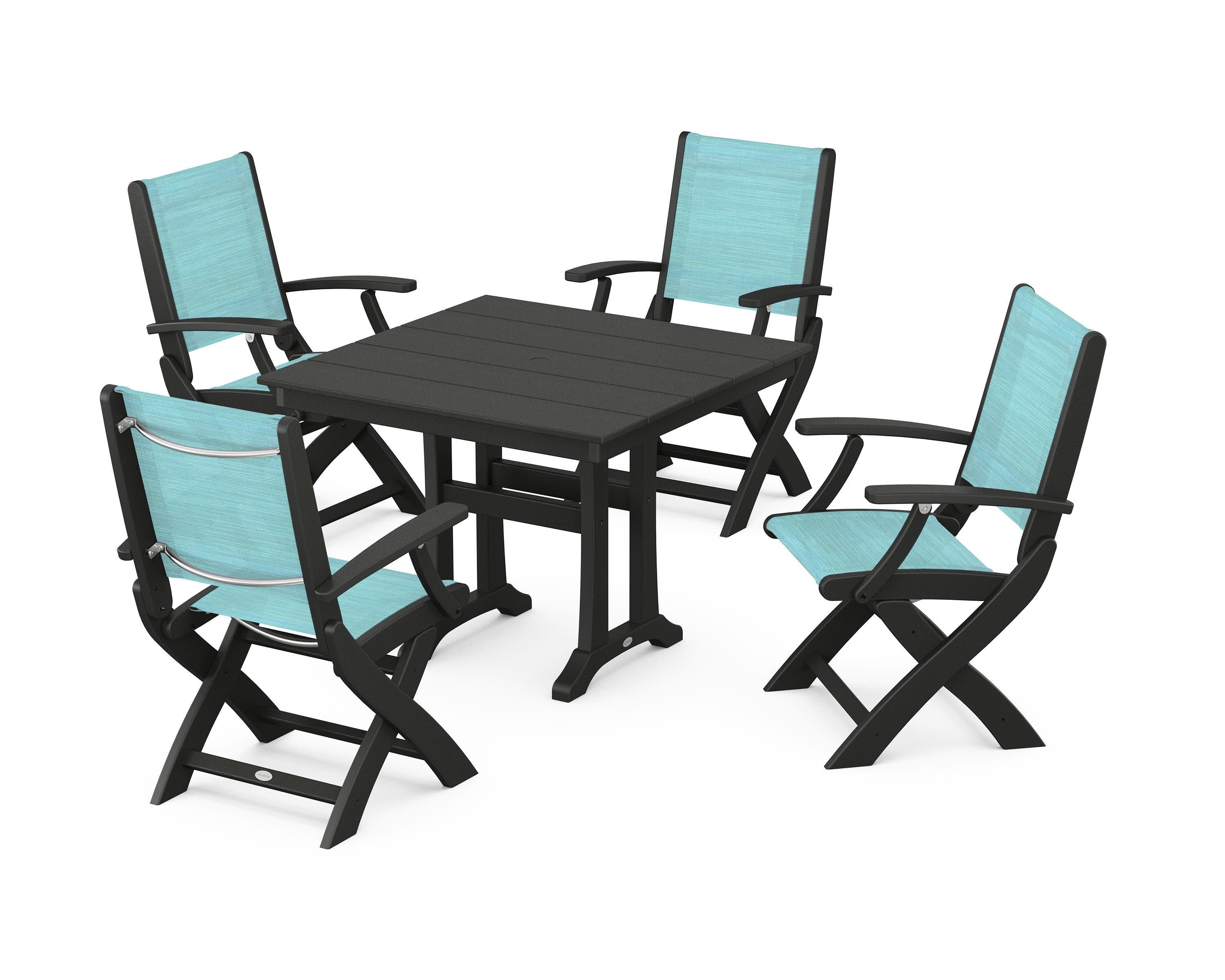 Coastal Folding Chair 5-Piece Farmhouse Dining Set With Trestle Legs in Black / Dupioni Aquamarine Sling