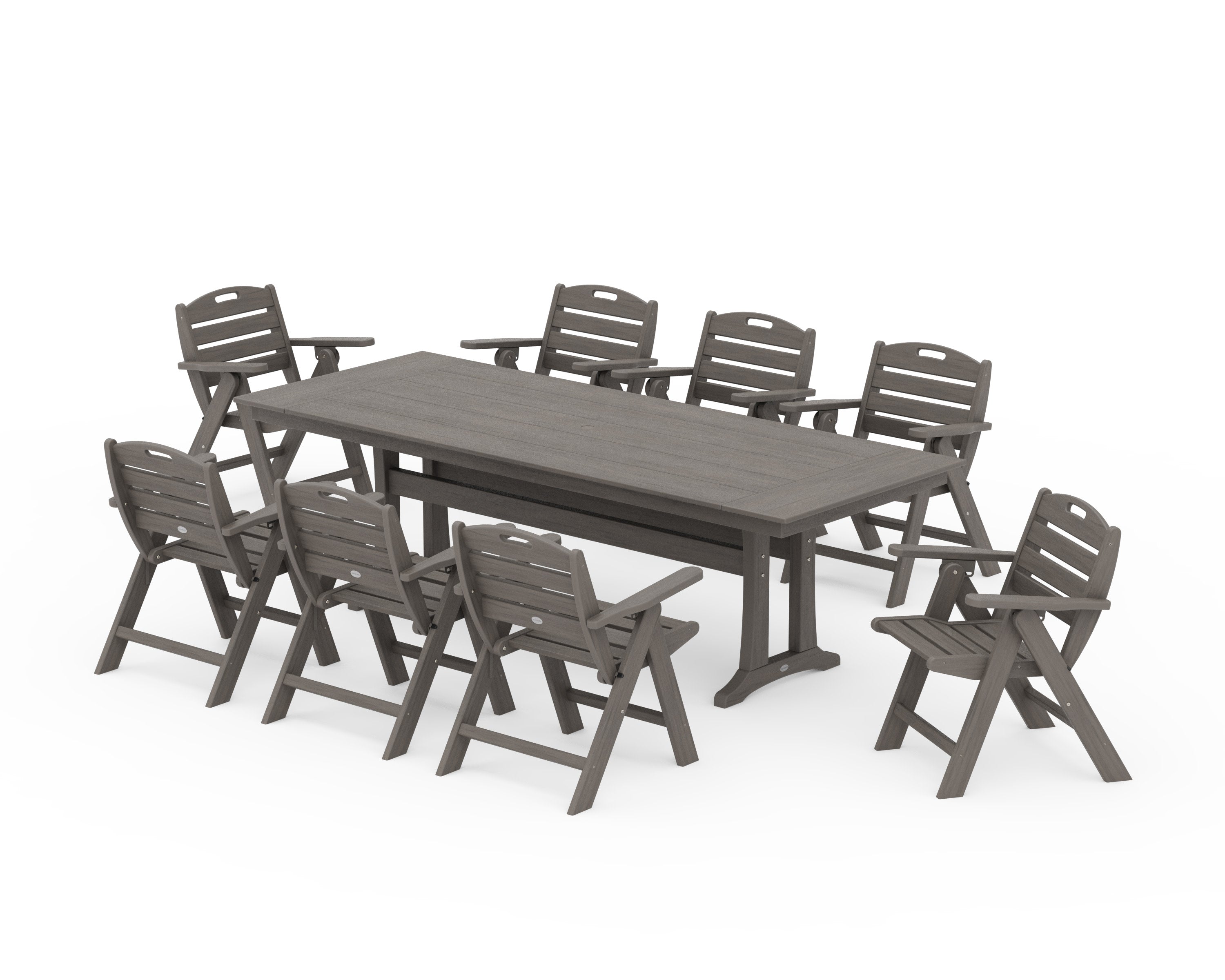 Nautical Lowback 9-Piece Farmhouse Dining Set with Trestle Legs in Driftwood
