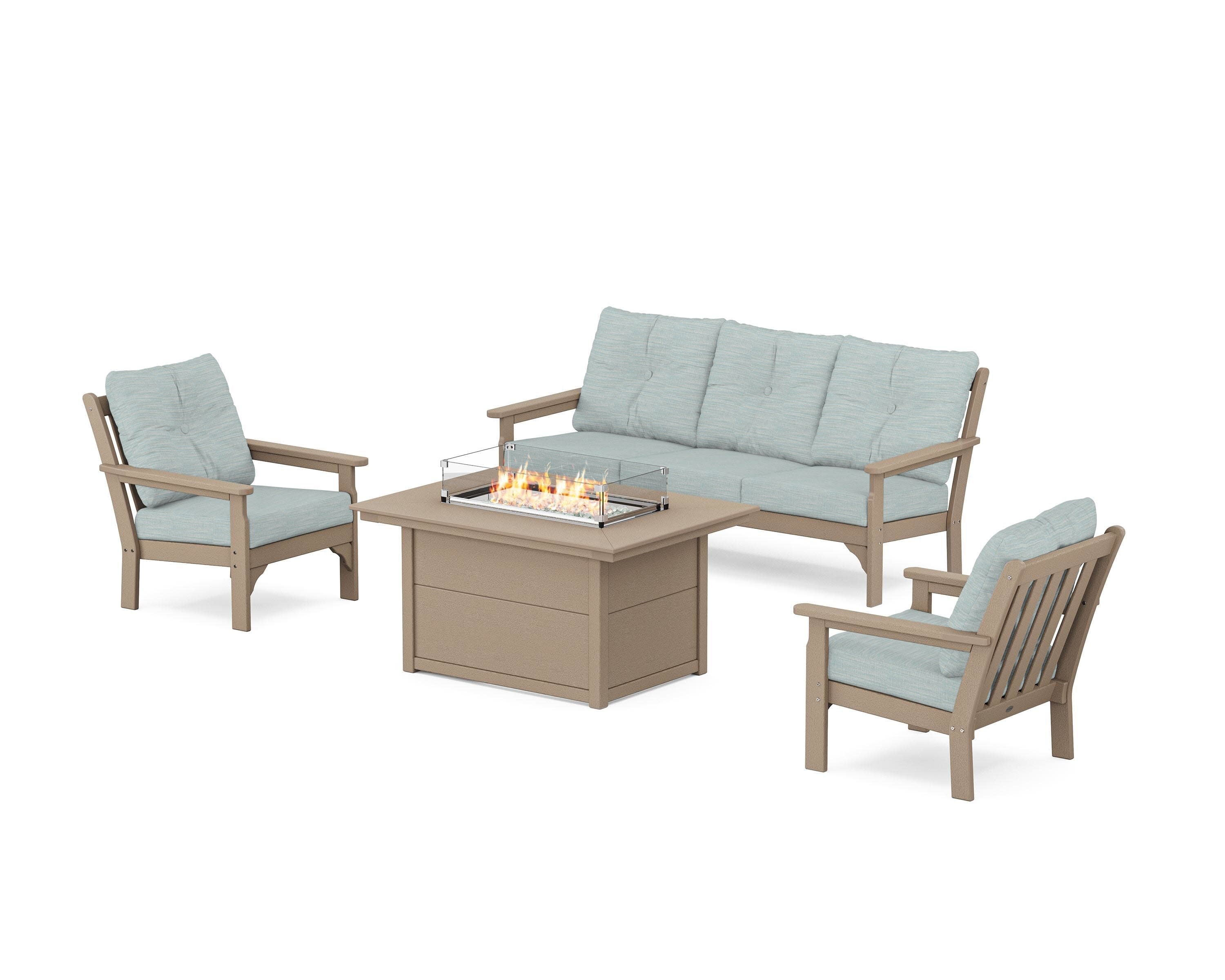 Vineyard Deep Seating Fire Pit Table Set in Vintage Sahara / Soothe Mist