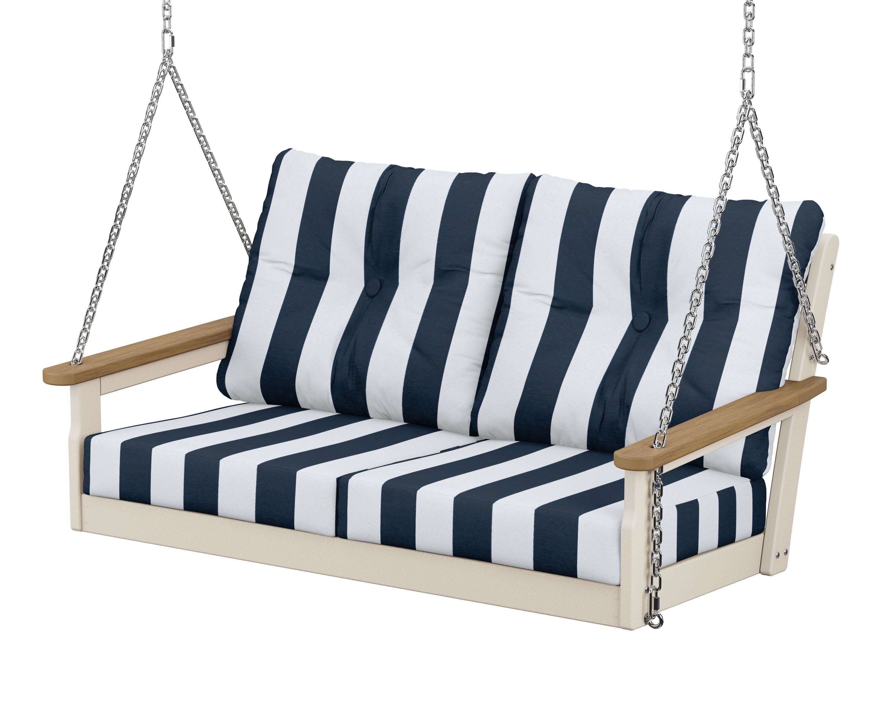 Vineyard Deep Seating Swing in Sand / Natural / Cabana Stripe Marine Indigo