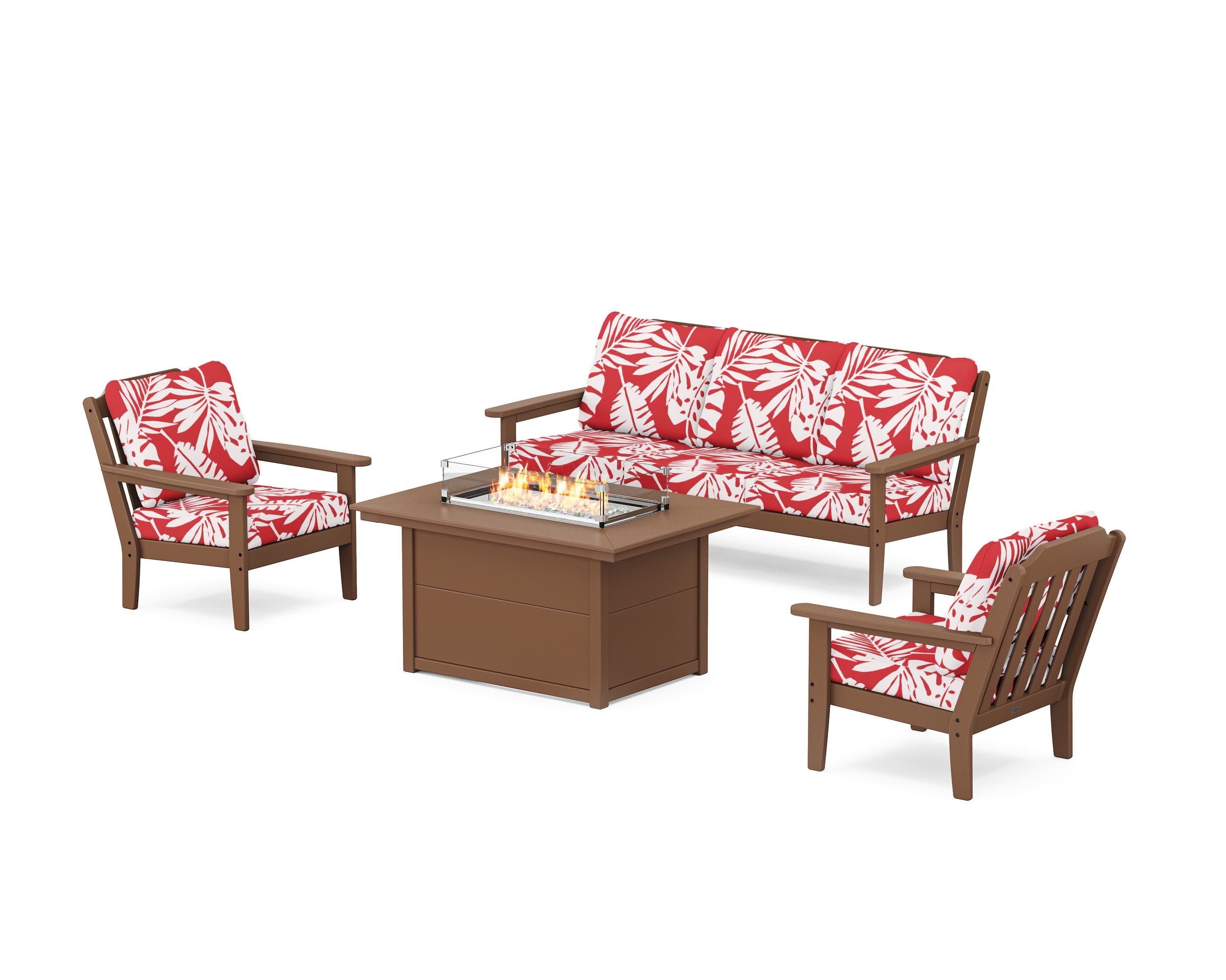 Cottage Deep Seating Fire Pit Table Set in Teak / Leaf Crimson