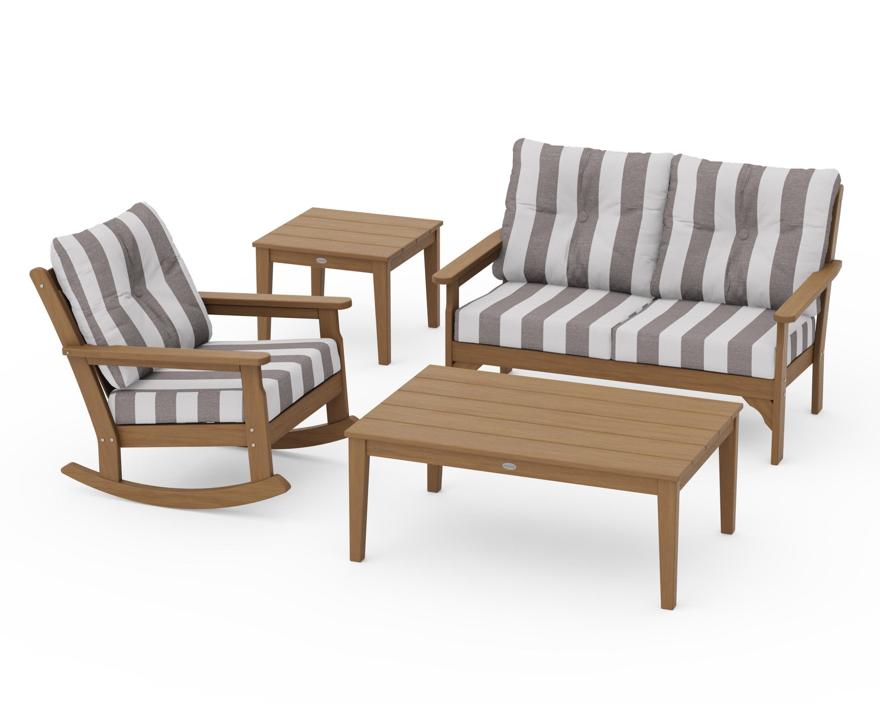 Vineyard 4-Piece Deep Seating Rocker Set in Natural / Cabana Stripe Grey Mist