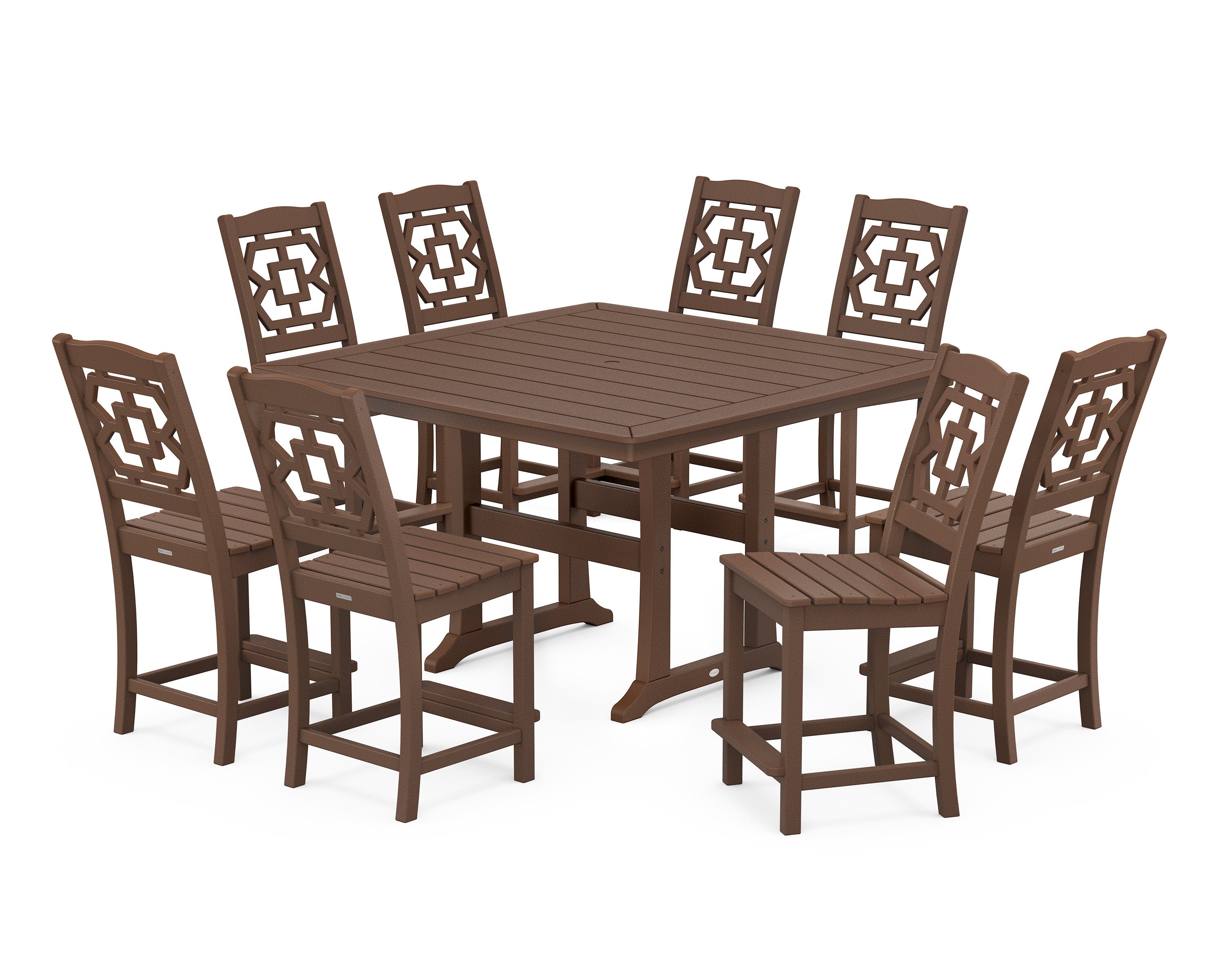 Chinoiserie 9-Piece Square Side Chair Counter Set with Trestle Legs in Mahogany