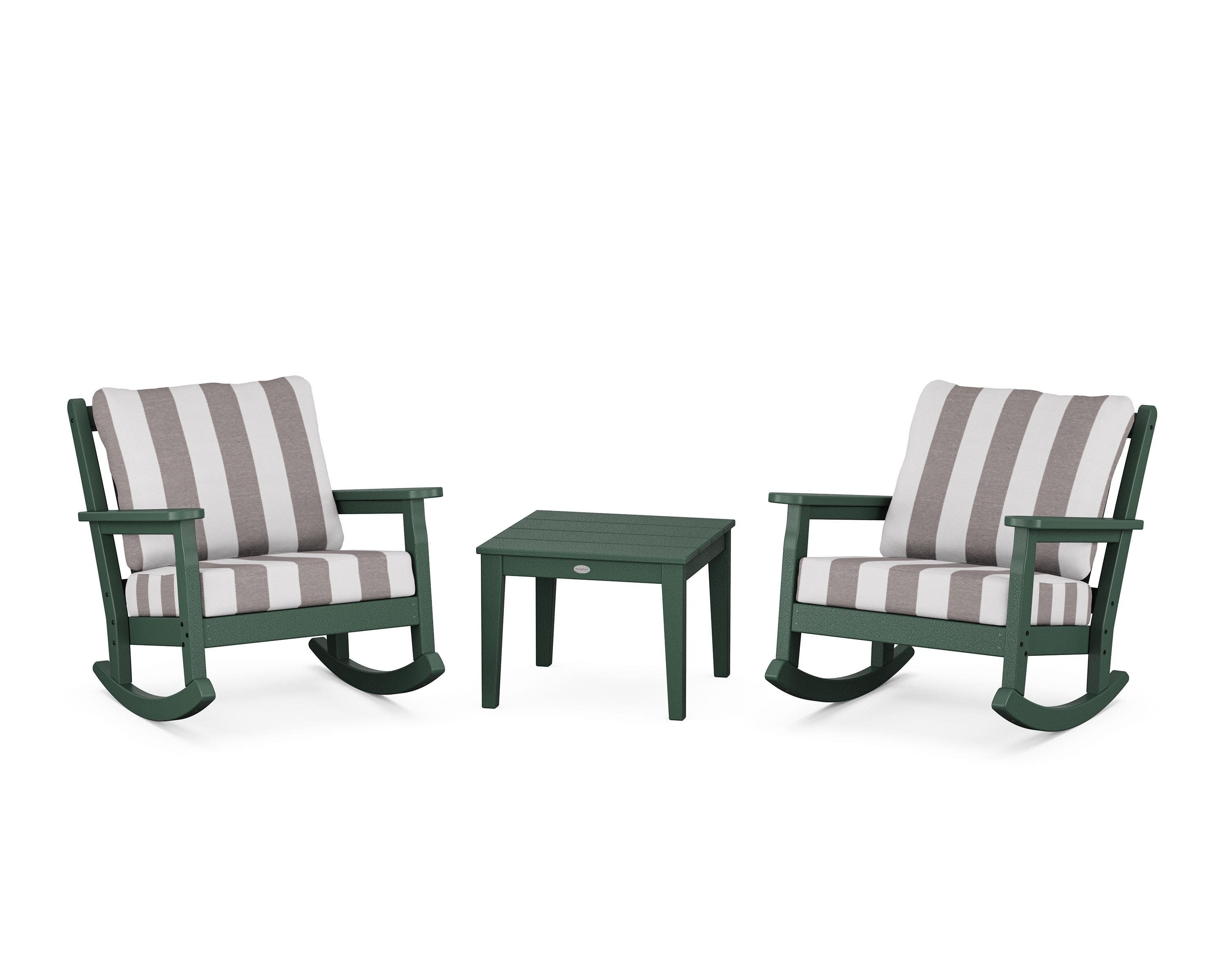 Chippendale 3-Piece Deep Seating Rocker Set in Green / Cabana Stripe Grey Mist