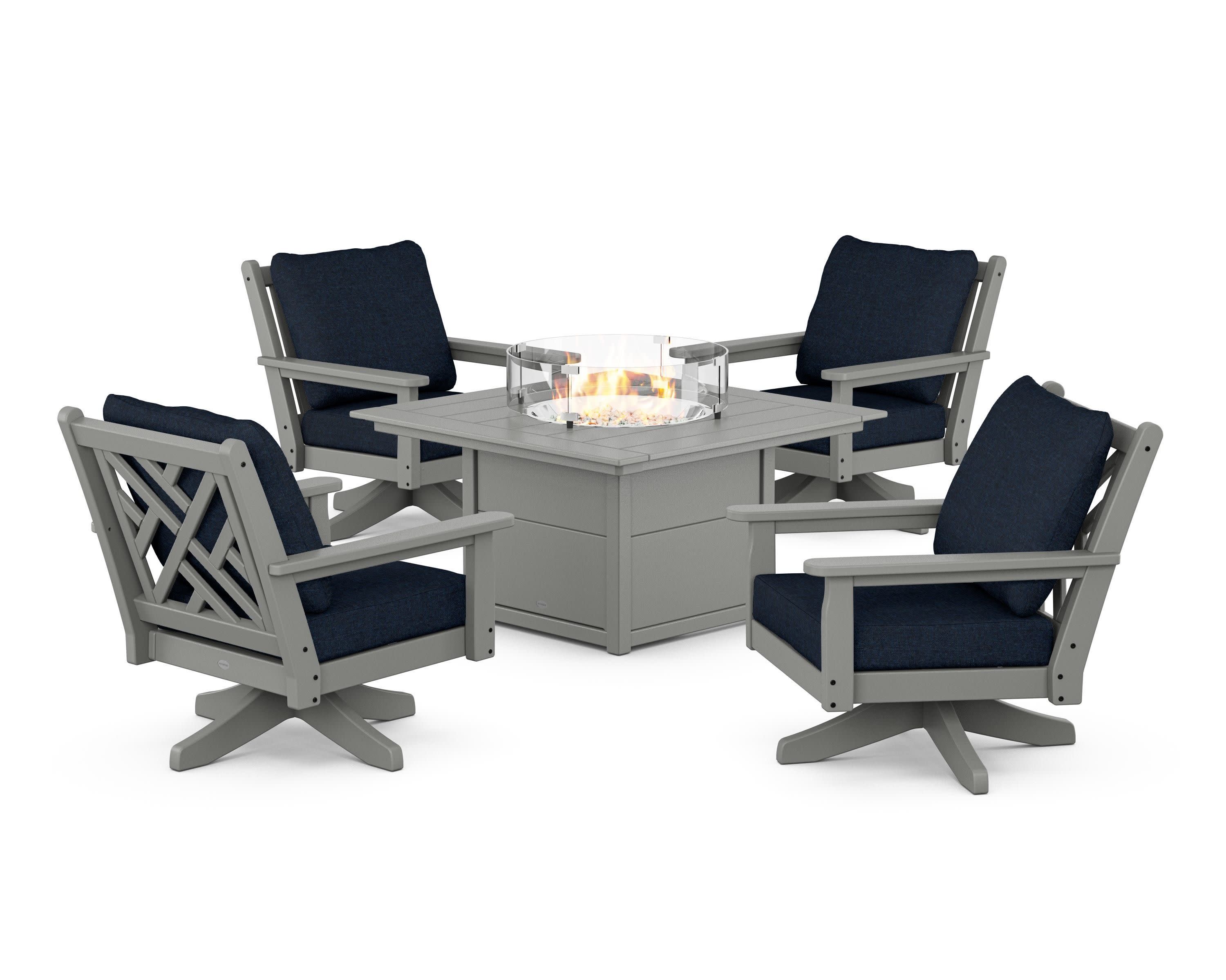 Chippendale 5-Piece Deep Seating Swivel Conversation Set with Fire Pit Table in Slate Grey / Marine Indigo