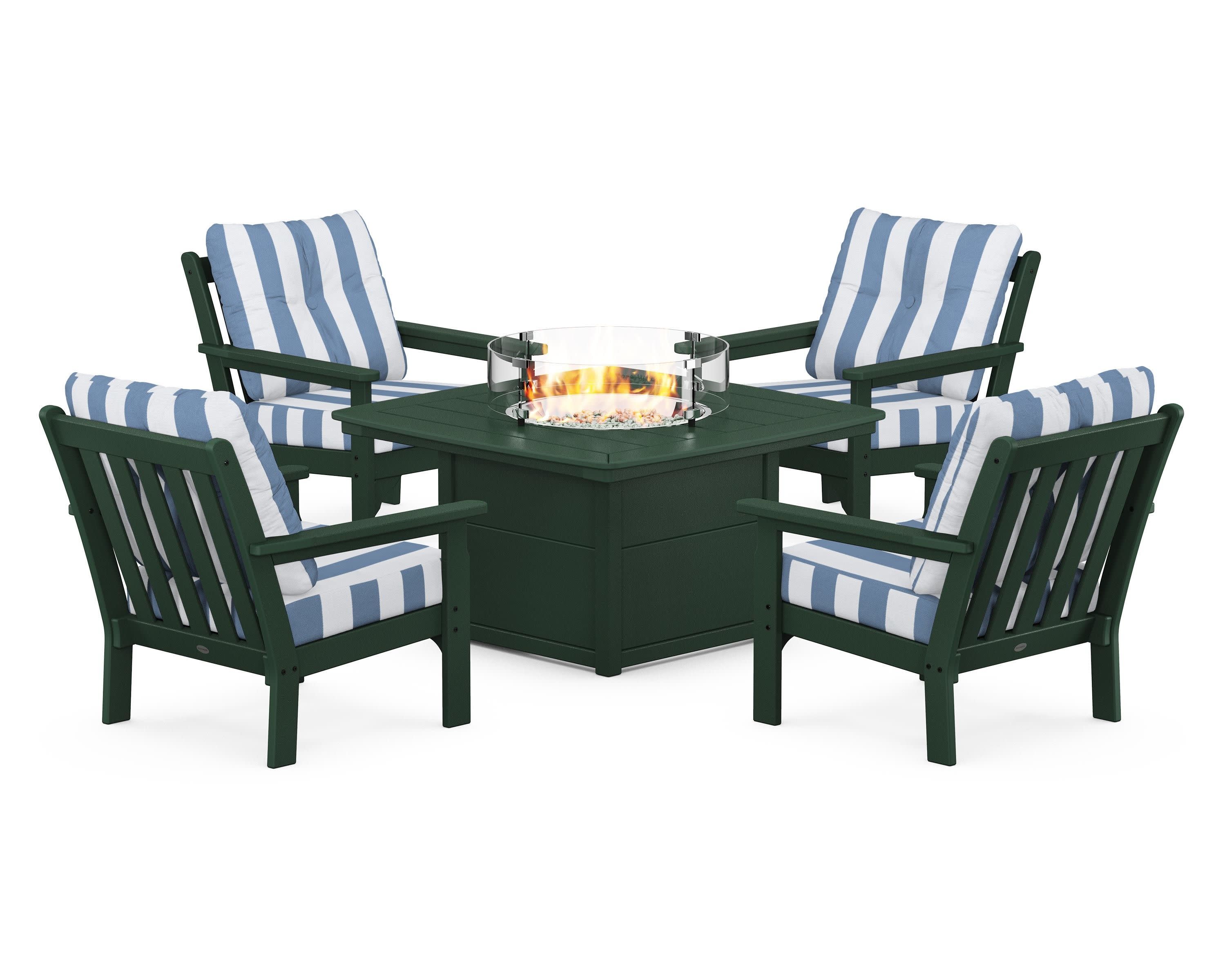 Vineyard 5-Piece Conversation Set with Fire Pit Table in Green / Cabana Stripe Sky Blue