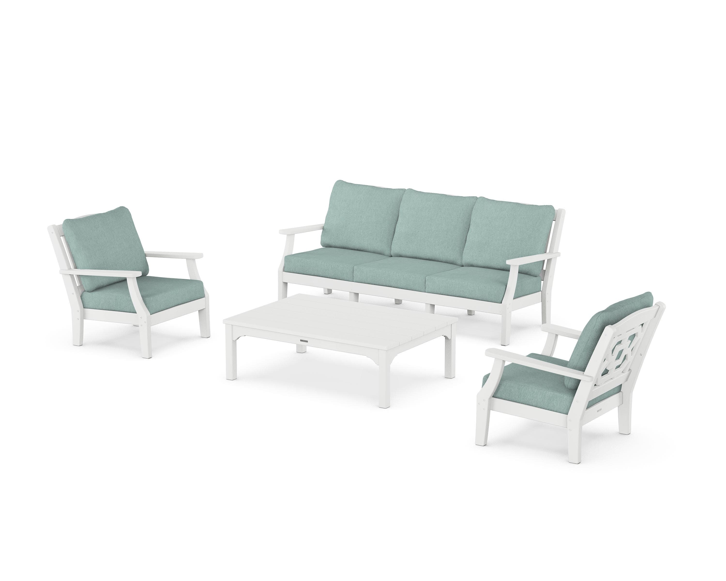 Chinoiserie 4-Piece Deep Seating Set with Sofa in White / Glacier Spa
