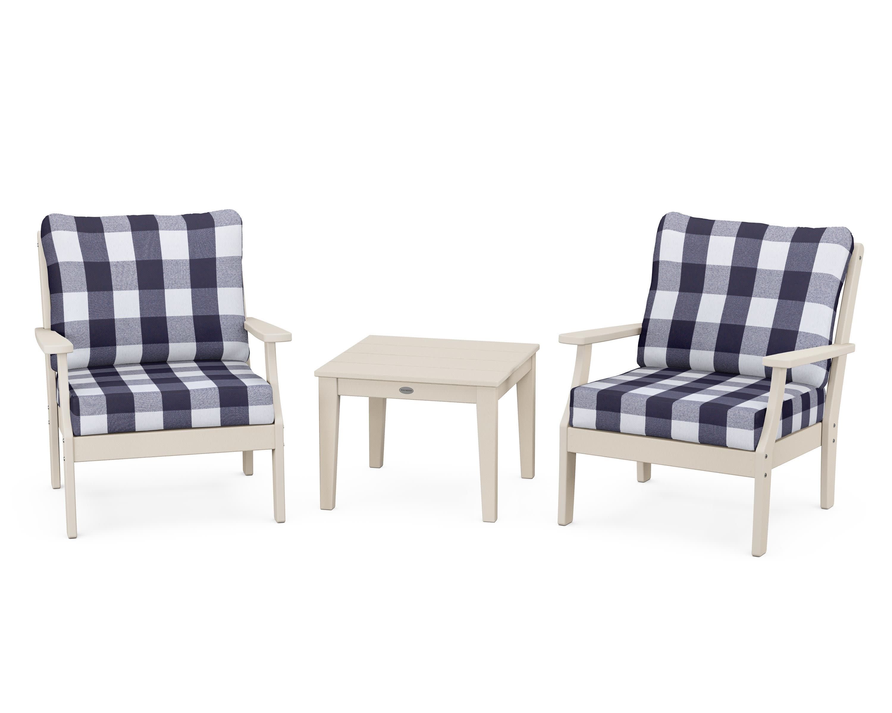 Braxton 3-Piece Deep Seating Set in Sand / Buffalo Plaid Navy