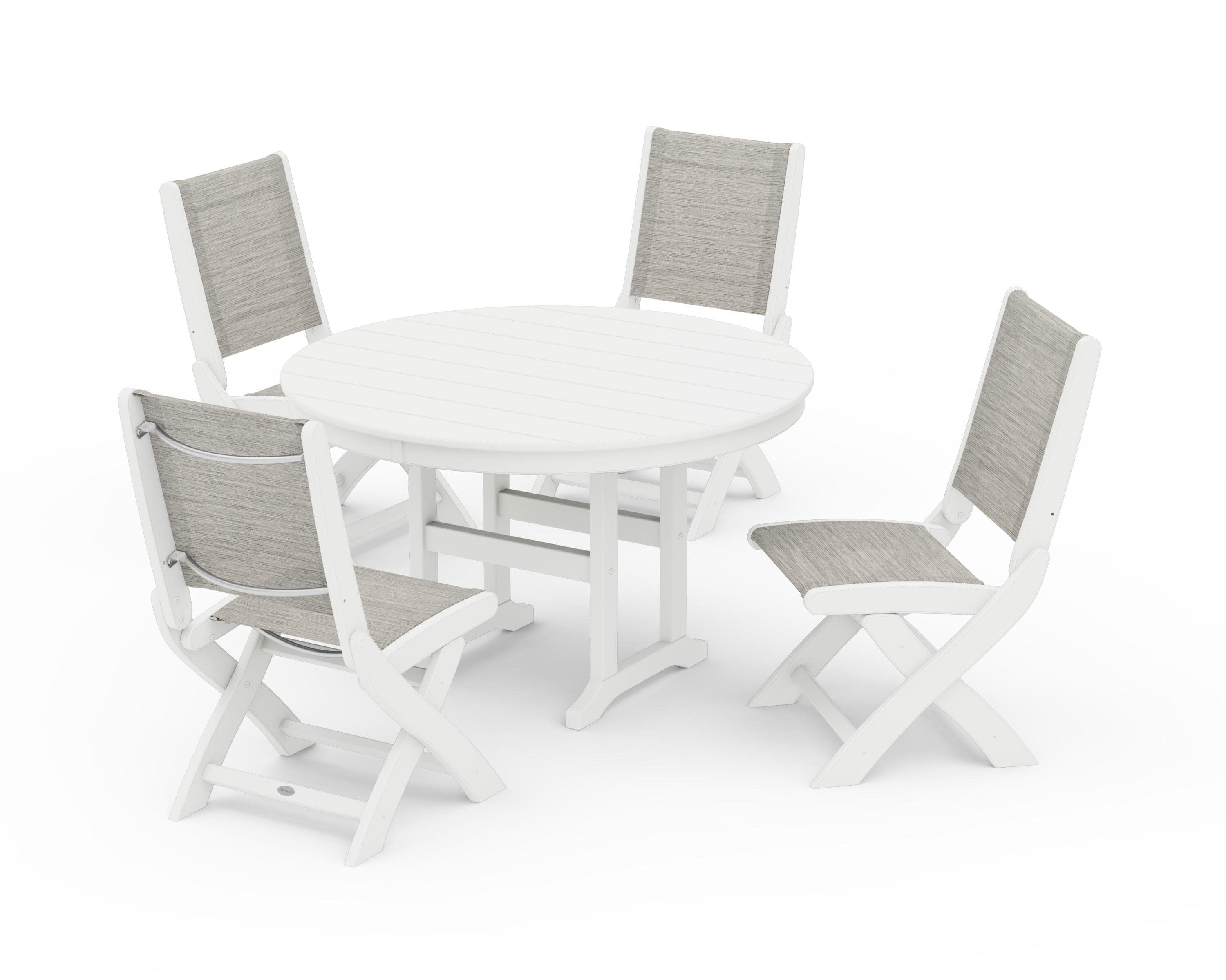 Coastal Folding Side Chair 5-Piece Round Dining Set in White / Birch Sling
