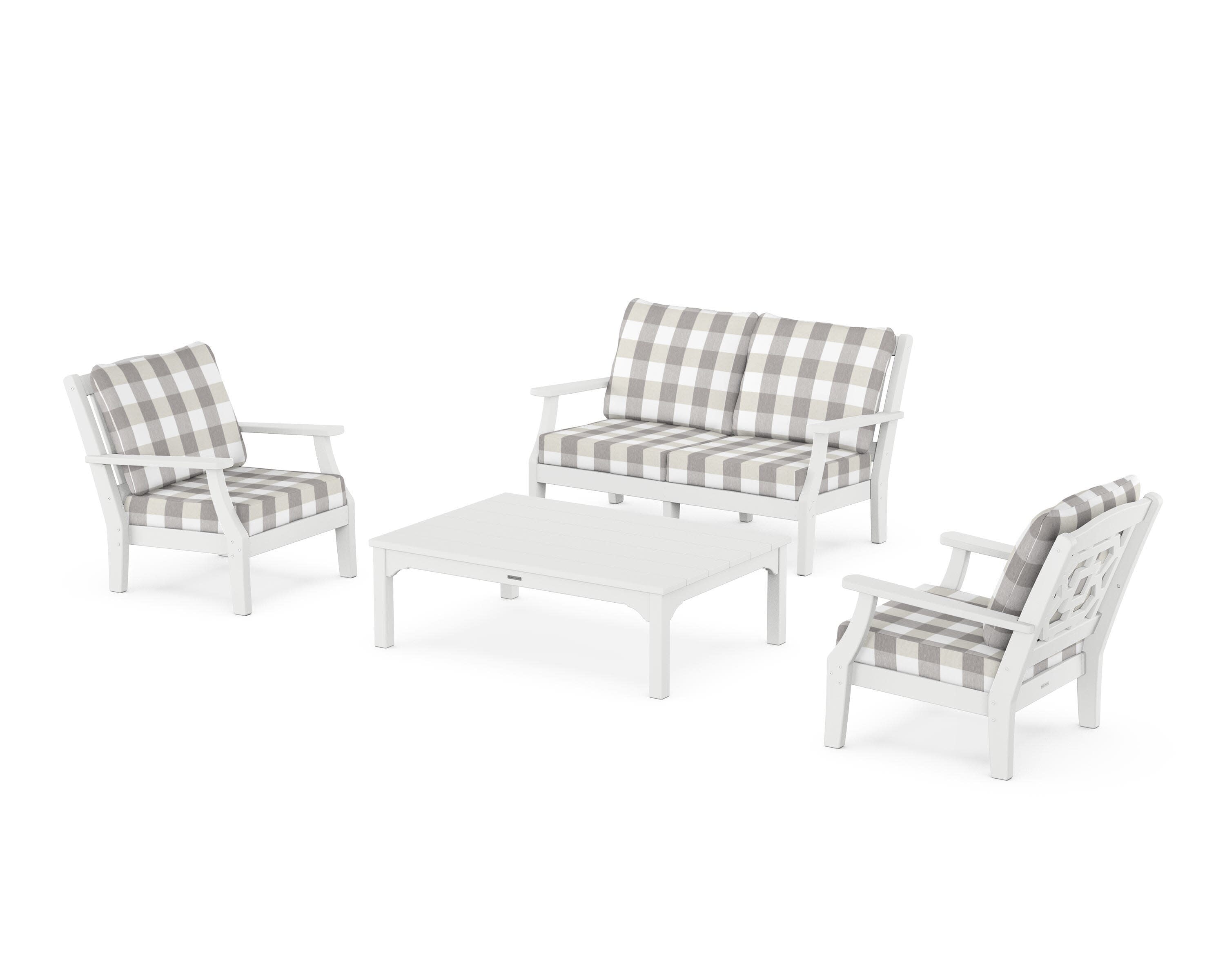 Chinoiserie 4-Piece Deep Seating Set with Loveseat in White / Buffalo Plaid Grey Mist