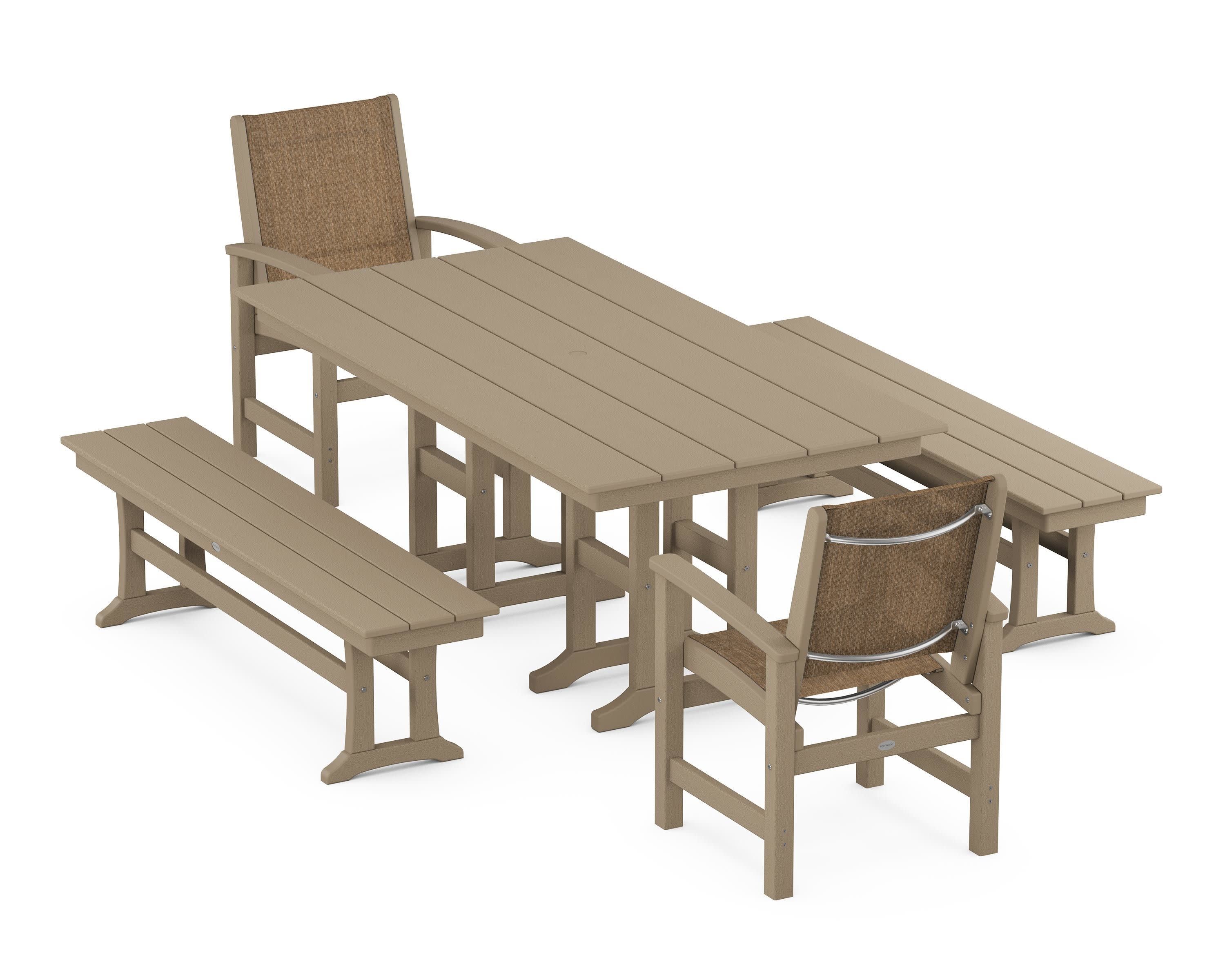 Coastal 5-Piece Farmhouse Dining Set in Vintage Sahara / Burlap Sling