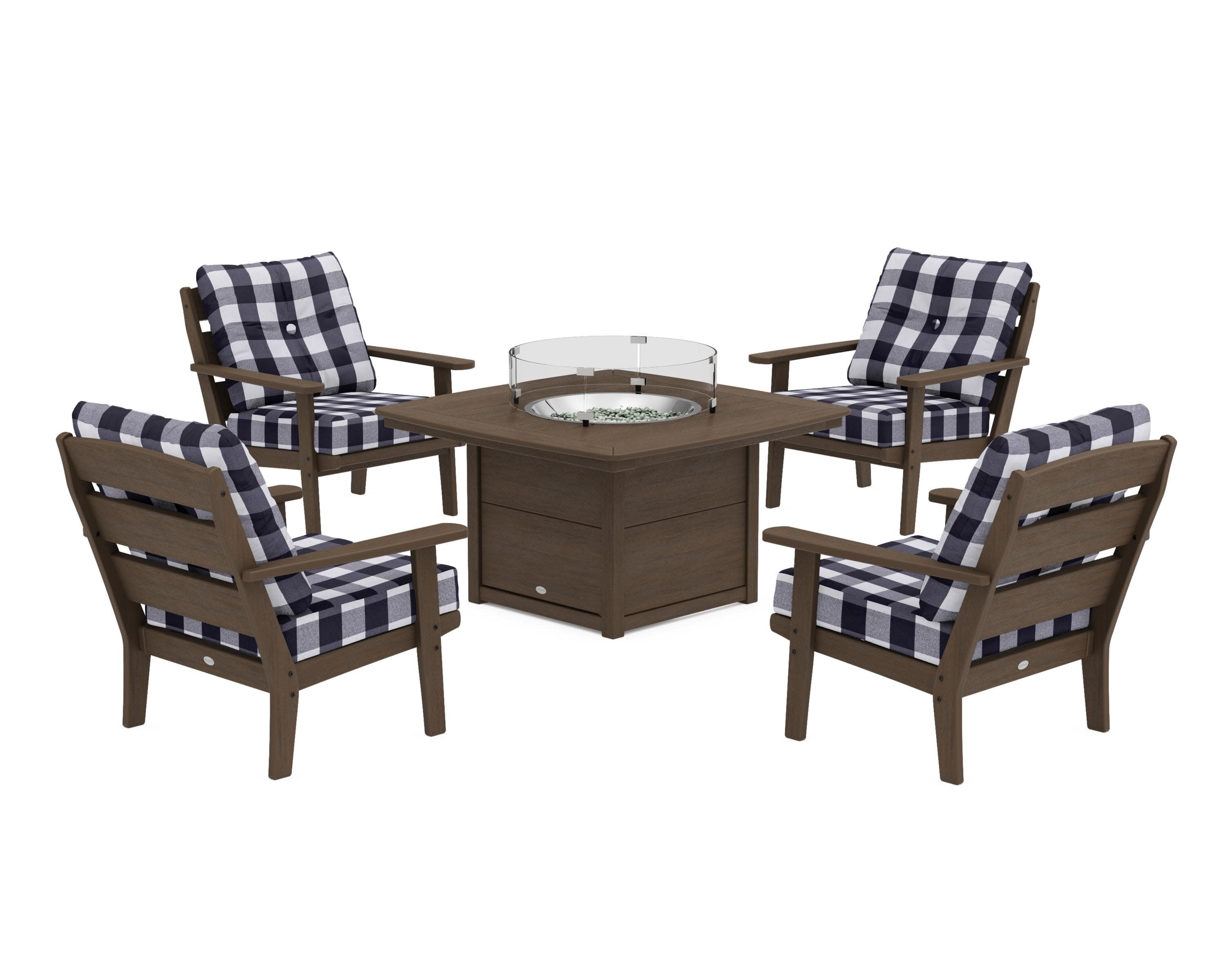 Lakeside 5-Piece Deep Seating Set with Nautical Fire Pit Table in Kona / Buffalo Plaid Navy