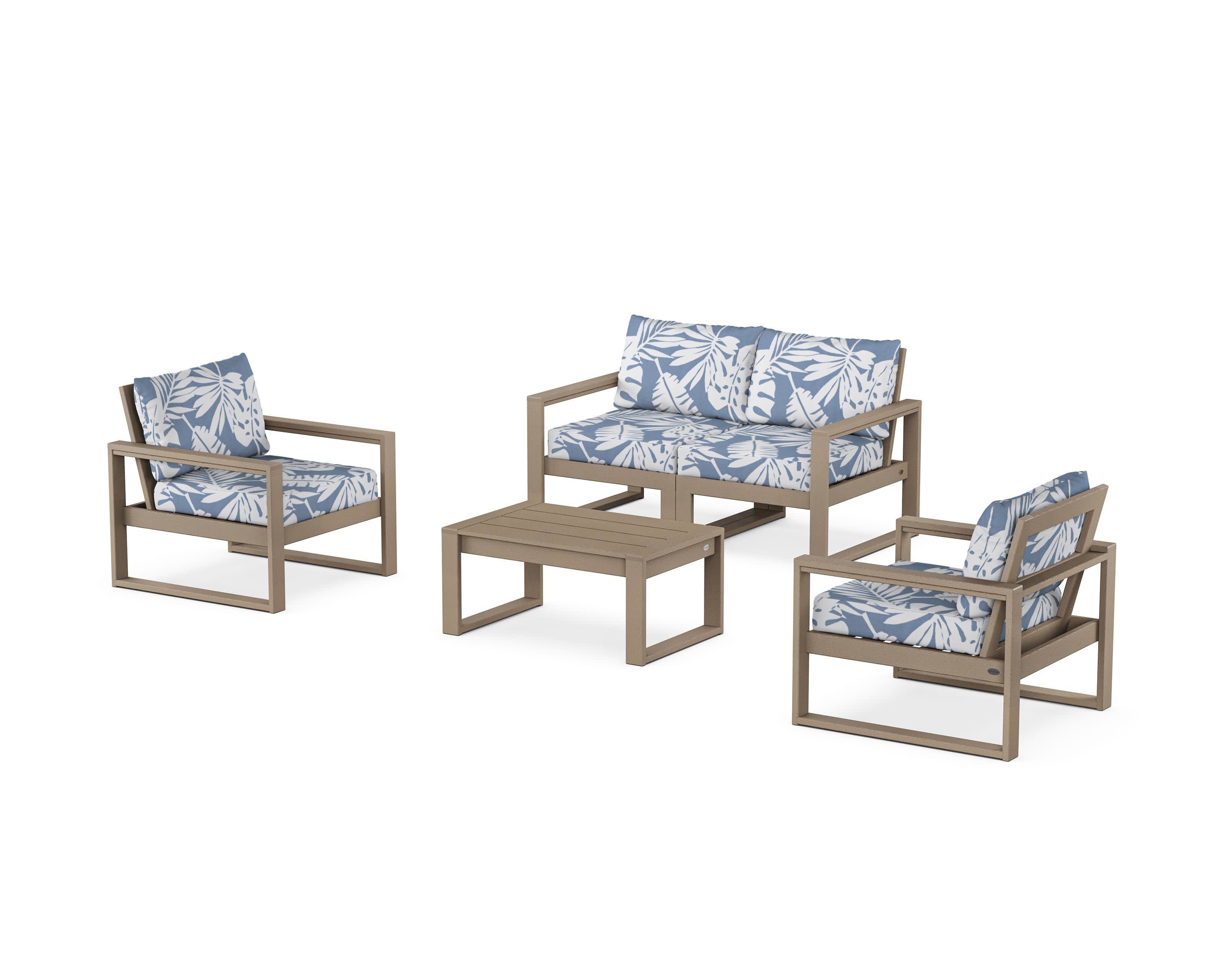 EDGE Sectional 4-Piece Deep Seating Set with Loveseat in Vintage Sahara / Leaf Sky Blue
