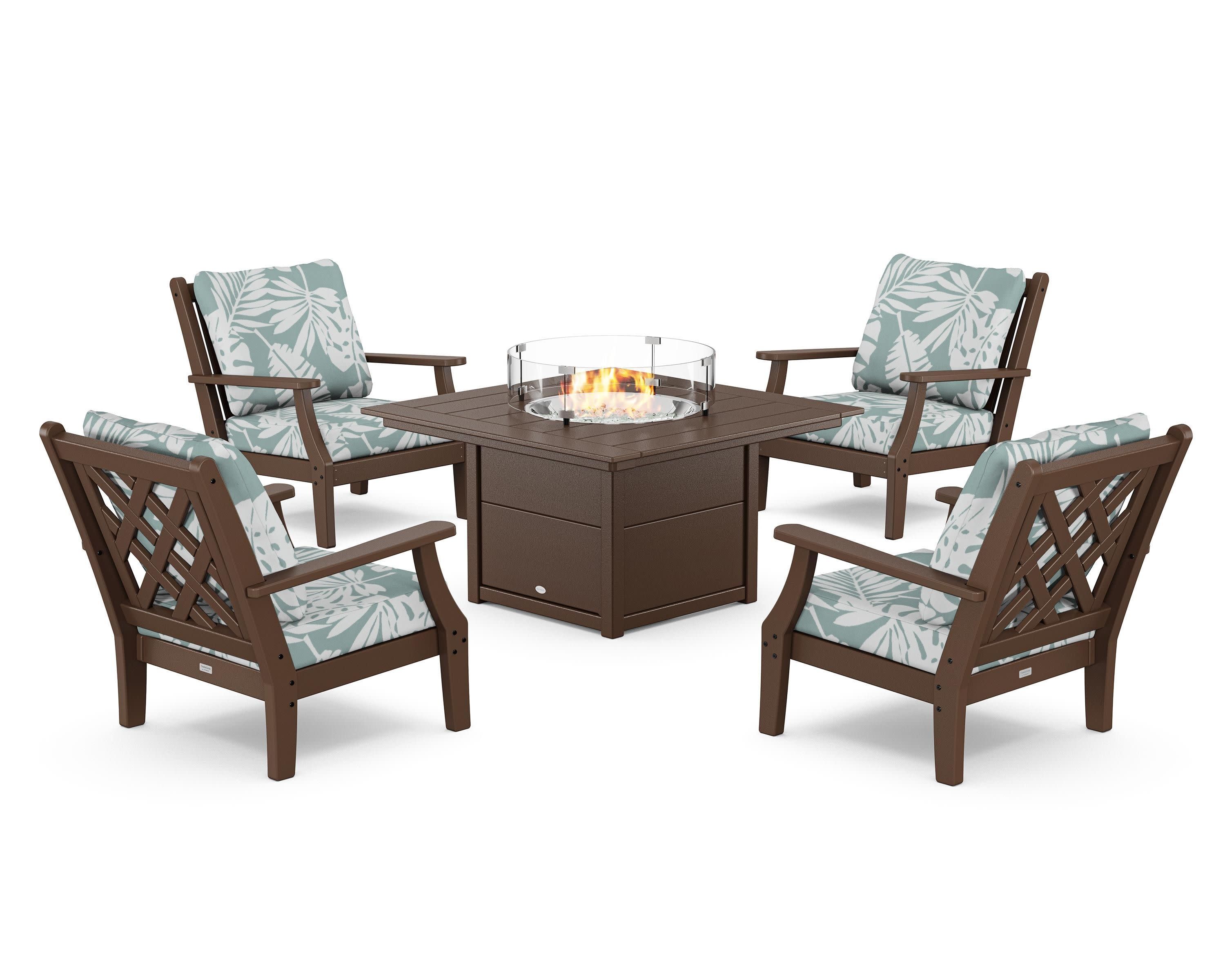 Wovendale 5-Piece Deep Seating Set with Fire Pit Table in Mahogany / Leaf Glacier Spa